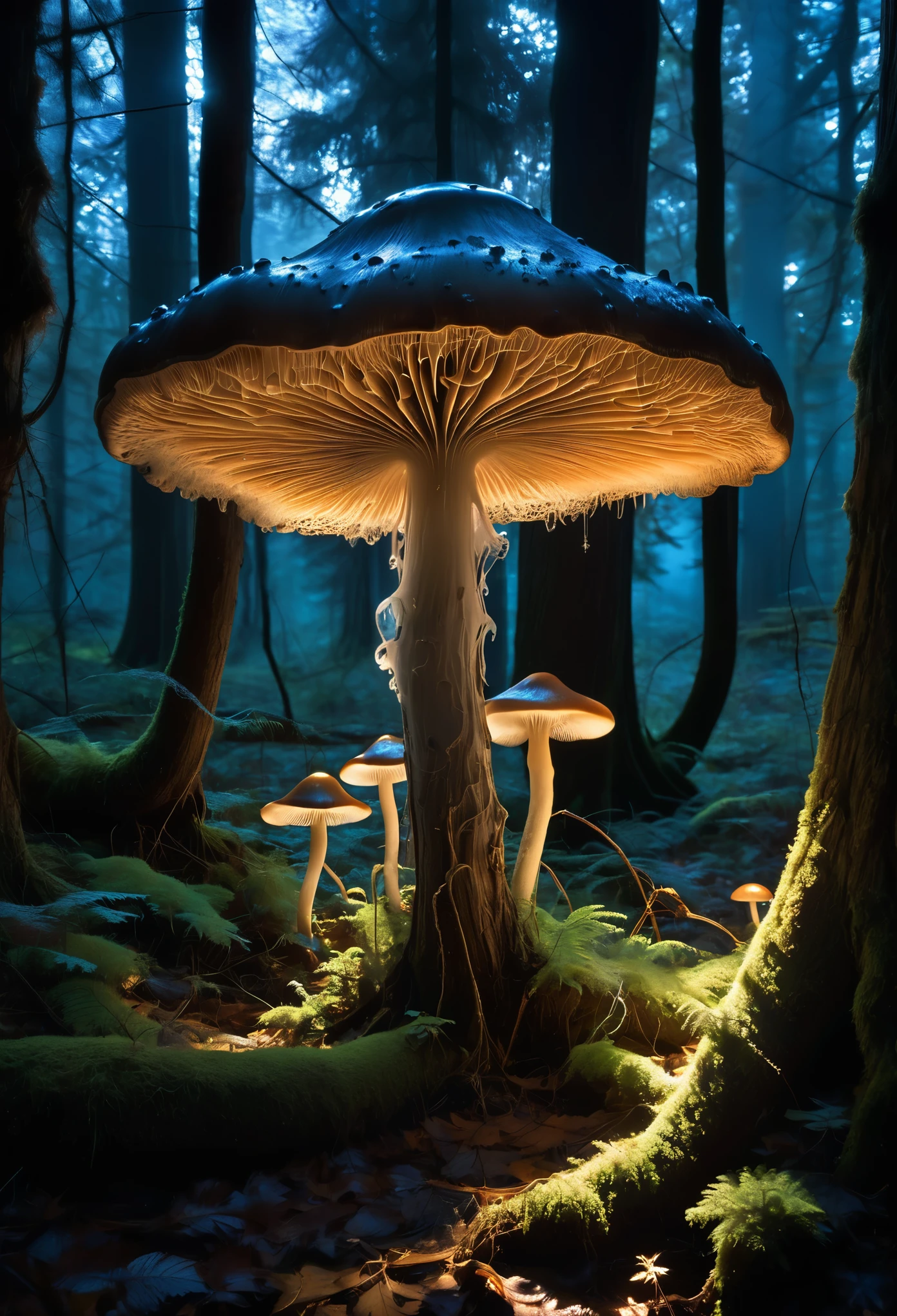 Eerie Beauty: A moonlit forest bathed in an ethereal glow, where ancient, gnarled trees twist into fantastical shapes. Wispy, bioluminescent mushrooms illuminate the forest floor, while a stack mushroom with piercing needles sprout from the shadows.