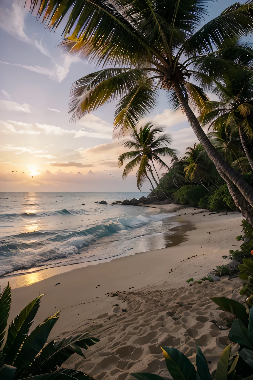 Create an image that depicts a stunning landscape of a paradisiacal beach at dusk. The sky is painted in soft shades of pink, laranja e roxo, Reflecting in the crystal clear water. The soft white sand extends as far as the eye can see, creating a sense of infinity and peace.
No centro da imagem, There's a tall, slender palm tree, with its leaves swaying gently in the wind. Ao redor da palmeira, A few shells and starfish are scattered across the sand, Adding a touch of charm and mystery to the scene.
Ao fundo, One can see a small island covered in lush vegetation. The sun is setting behind her, creating a spectacle of colors and shadows. The sun's rays filter through the trees, criando belos jogos de luz e sombra na paisagem.
The image conveys a sense of tranquility, serenidade e beleza natural. Ela convida as pessoas a relaxar, dream and transport yourselves to this idyllic location, onde o tempo parece parar.
Com essa imagem de quadro na sala, People can detach themselves from the stresses of everyday life and find a haven of peace and beauty within their own homes.