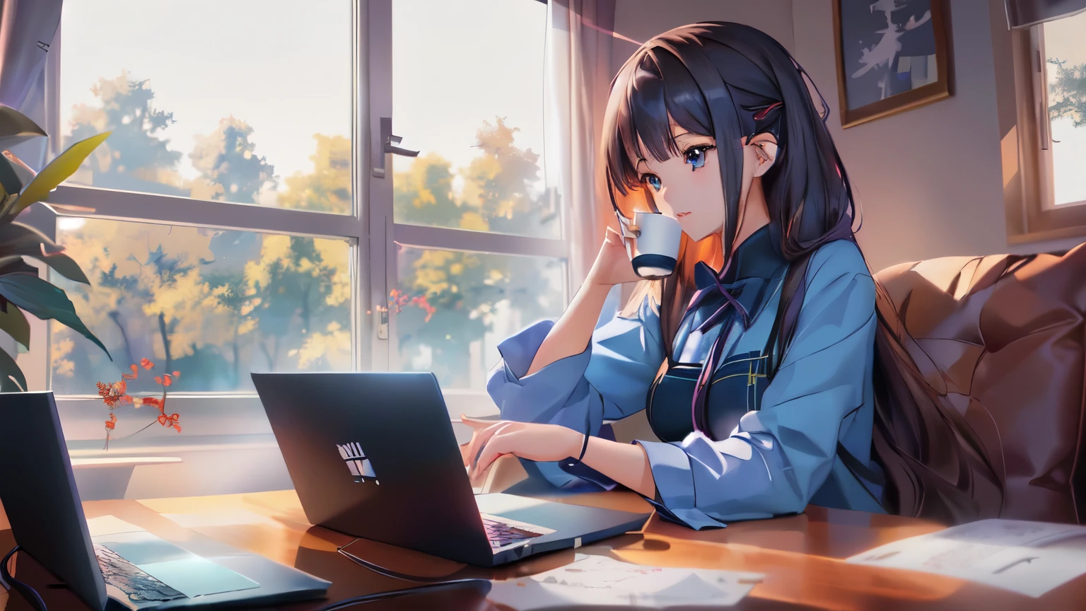 Anime girl sitting at a desk with a laptop and a cup of coffee, Anime Style 4 k, Digital anime illustration, Gweiz-style artwork, Artjam and Athi Gairan, Anime Moe Art Style, Digital anime art, Anime Style. 8k, 4k anime wallpaper, anime art wallpaper 8k, Atei Gailan 8K