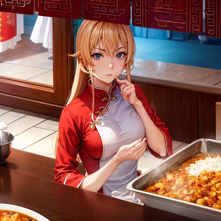 With a towel wrapped around my head at a Chinese restaurant、A blonde woman in a Chinese dress making mapo tofu highest quality