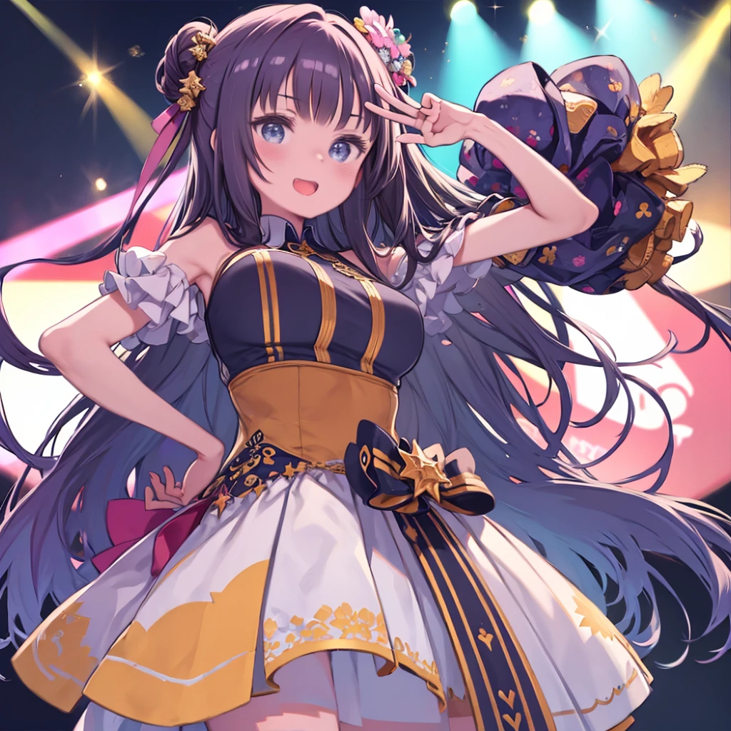 masterpiece、highest quality、High resolution、Very detailed、Close-up、Medium wide shot、Upper Body、Girl、Big Breasts、Hands in front of head、Peace sign in front of the head、Elbows at head height、salute、Put your hands on your hips、laughing、Stand with your feet apart、pose、Idol、On stage、Colorful costumes、Angle from below、