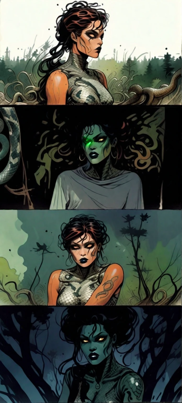 Medusa, splash page decompressed comic cover art, ink style figure, ((expressive Joelle Jones and "Sean Gordon Murphy" comic drawing)), wordless, cinematic poster, double exposure, optical illusion, image within image, abyss void black no visibility darkness, full length portrait, (background, pine barrens, entropy, rewilding, magic hour sunset, galaxy stars, cosmos), (horror, abstract, surreal, body, cosmic), candid, snake skin dress, morphology anatomy drawn Frederic Delavier musculature anatomical illustration, (face, ornate black-metal corpsepaint face paint, resembles Grace Jones), (body, Naga, snakefolk, lower body snake tail, snake woman hybrid, bald, hairless, skeleton, snake skin tattoos, piercing eyes, snake pupils, over the shoulder), (colors, bleak muted deep fiery radiant glowing ROYGBIV, forest green, earth brown), craftsmanship nuance, (Gerardo Zaffino charcoal), subliminal orchids, nyctophobia, silhouette
