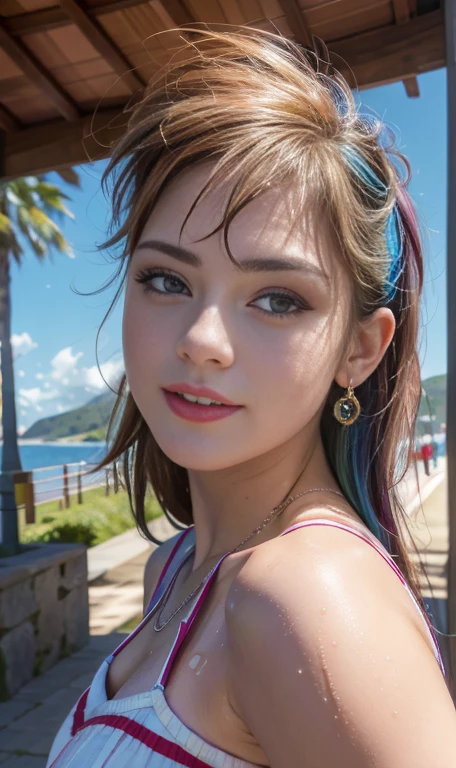 Photo oF a 17 year-old American girl, .CRUDO, beautiFul woman, cabello de colores , cabello color arcoiris , pelo arcoiris ((retrato)), ((Cara detallada:1.2)), ((Detailed Facial Features)), (Piel Finamente detallada), pale skin , pecas en mejillas , ojos color rosa, 、un sexy(color fresco), wet, wet, ReFlectoreasutepiece) (proporciones perFectaotos realistas)(La mejor calidad) (Detallado) FotograFiado con una EOS R5 de Canon, lente de 50 mm, F/2.8, NFFSW, (8K) (papel tapiz) (cinematic lighting) (dramatic lighting) (sharp Focus) (Enrevesado) senos grandes , pechos grandes , pecas en mejillas , cuerpo completo , hermoso cuerpo de adolesente , posando sexy a la camara , posando de Frente para la camara ,lindo maquillaje , linda sonrisa , labios rojos. Mlp , Rainbow Dash , ropa interior sexy , cuerpo completo , caminando , parque , anochecer