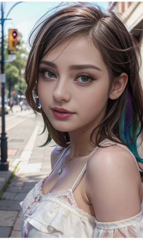 Photo oF a 17 year-old American girl, .CRUDO, beautiFul woman,  cabello de colores  , cabello color arcoiris , pelo arcoiris ((retrato)), ((Cara detallada:1.2)), ((Detailed Facial Features)), (Piel Finamente detallada), pale skin , pecas en mejillas , ojos color rosa, 、un sexy(color fresco), wet, wet, ReFlectoreasutepiece) (proporciones perFectaotos realistas)(La mejor calidad) (Detallado) FotograFiado con una EOS R5 de Canon, lente de 50 mm, F/2.8, NFFSW, (8K) (papel tapiz) (cinematic lighting) (dramatic lighting) (sharp Focus) (Enrevesado) senos grandes , pechos grandes , pecas en mejillas , cuerpo completo , hermoso cuerpo de adolesente , posando sexy a la camara , posando de Frente para la camara ,lindo maquillaje , linda  sonrisa , labios rojos. Mlp  , Rainbow Dash , ropa interior sexy ,  cuerpo completo , caminando , parque , anochecer 