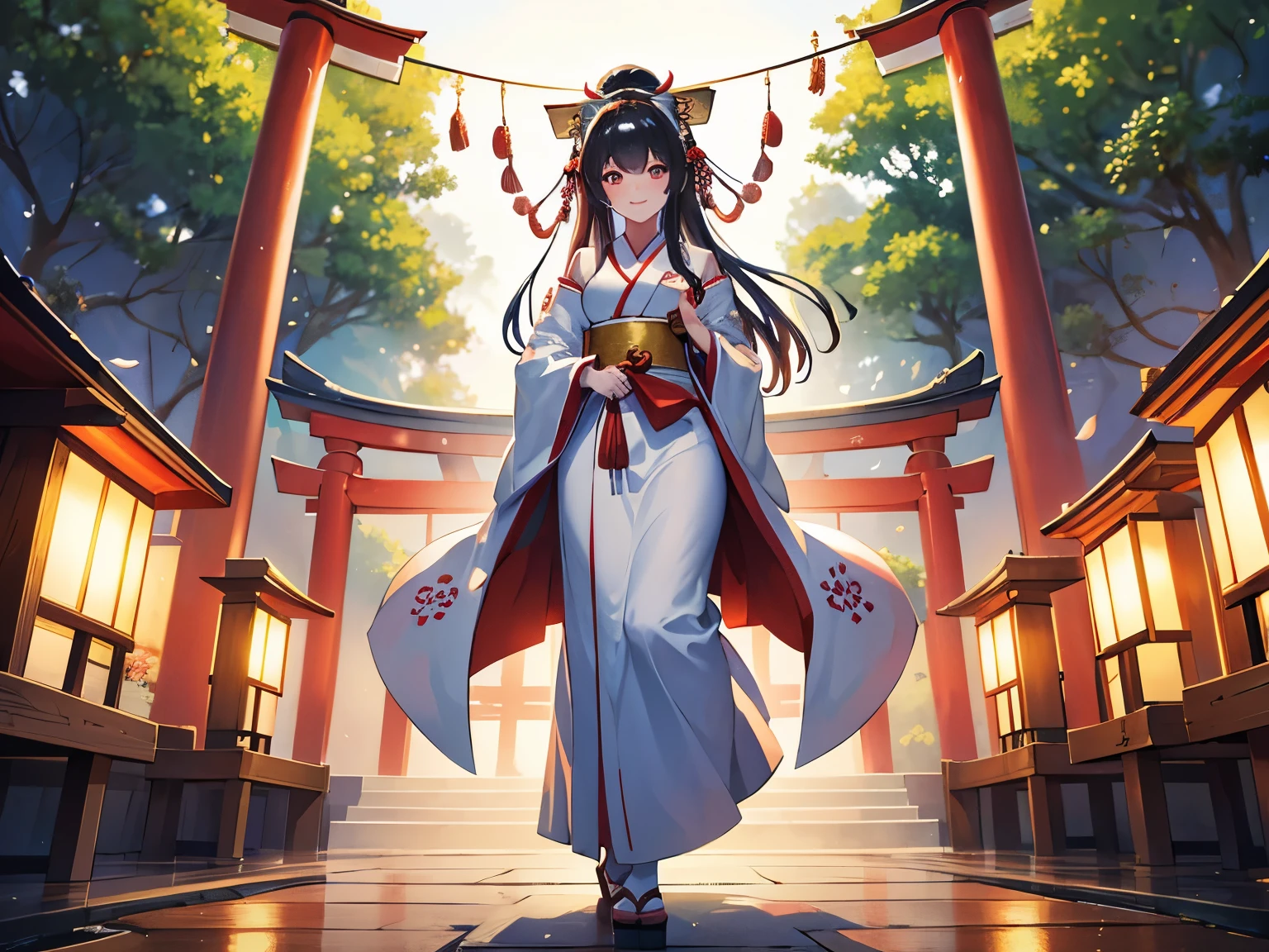 "Masterpiece of the highest quality, portrait of a beautiful Japanese shrine maiden holding a pure white rabbit, smiling and looking towards the viewer with a torii gate of a shrine in the background. The photograph captures a shallow depth of field and perfect lighting, showcasing a clear, sparkling atmosphere, surrounded by seasonal flowers. The image highlights the shrine maiden's flawless face, embodying the essence of a Japanese shrine maiden."