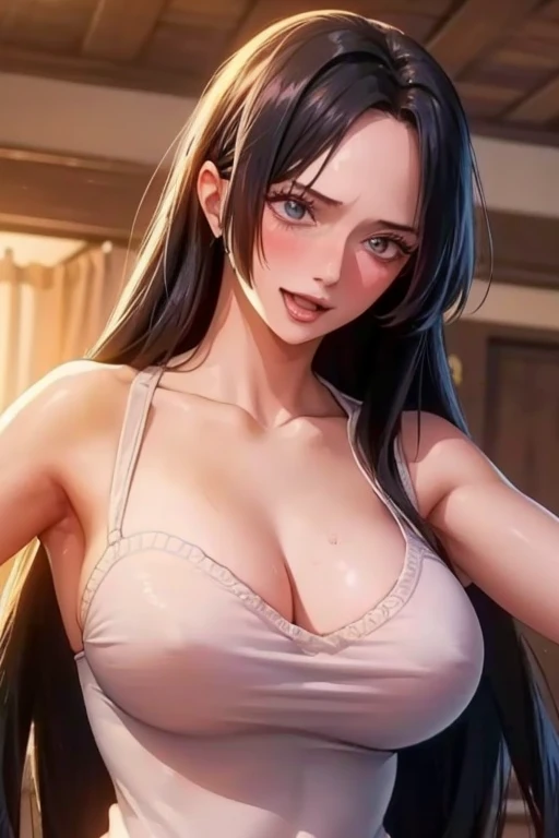 best quality, masterpiece, highly detailed,1girl, Boa Hancock, , (masterpiece:1.5), Detailed Photo, Smiling, Sexy, (8K, Best Quality: 1.4), (1girl), Beautiful Face, (anime realistic Face), (Black Hair, long Hair: 1.3), Beautiful Hairstyle, Realistic eyes, beautiful detail eyes, (white skin), beautiful skin, absurd, attractive, ultra high resolution, ultra realistic, high definition, golden ratio, (sexually aroused:1.5), Pinkish white skin, cool white light, sexy pose, Beautiful , white background, pink soft white light, Wear a white tank top