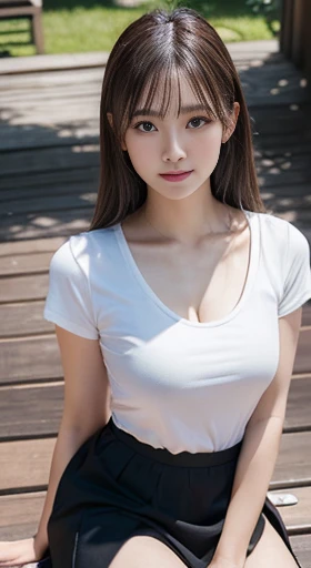 An innocent 20-year-old girl、((Skirt, White T-shirt,Dramatic Pose)),smile,shortcut,Big Tits 1.5、Park Background、RAW Photos, (8k、highest quality、masterpiece:1.2)、(Intricate details:1.4)、(Photorealistic:1.4)、Octane Rendering、Complex 3D rendering with ultra-detail, Studio Soft Light, Rim Light, Vivid details, Super Detail, Realistic skin texture, Detailed aspect, Beautiful details in the eyes, Highly detailed CG Unity 16k wallpaper, compensate, (Detailed Background:1.2), Glowing Skin, whole body、From head to thighs、Cleavage,((Sit on a bench))