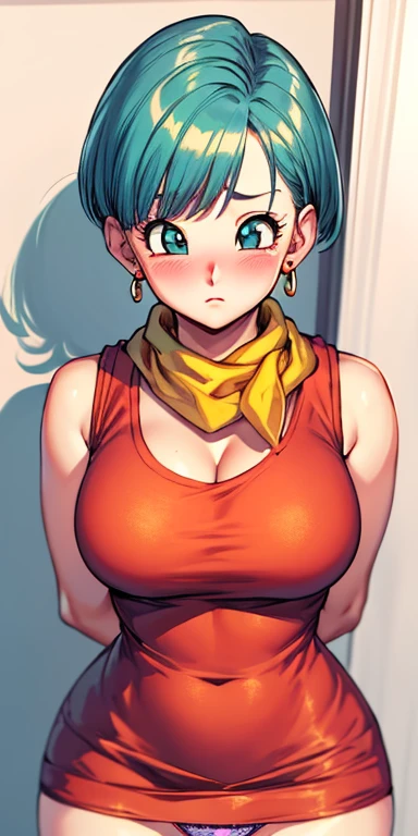 masterpiece, best quality, ultra-detailed, illustration,masterpiece, Best quality, high resolution, high resolution, masterpiece, best quality, highres, dragon ball, blmshort, aqua hair, very short hair, earrings, jewelry, red dress, medium breasts, yellow scarf, short dress, sleeveless,big breasts, cleavage,beautiful detailed eyes, looking at viewer in a seductive look, close up, (arms behind back:1.2), (from above:1.1),big sized breasts, attempt to seduce, standing,(blush),sad,((panties)),((show panties))