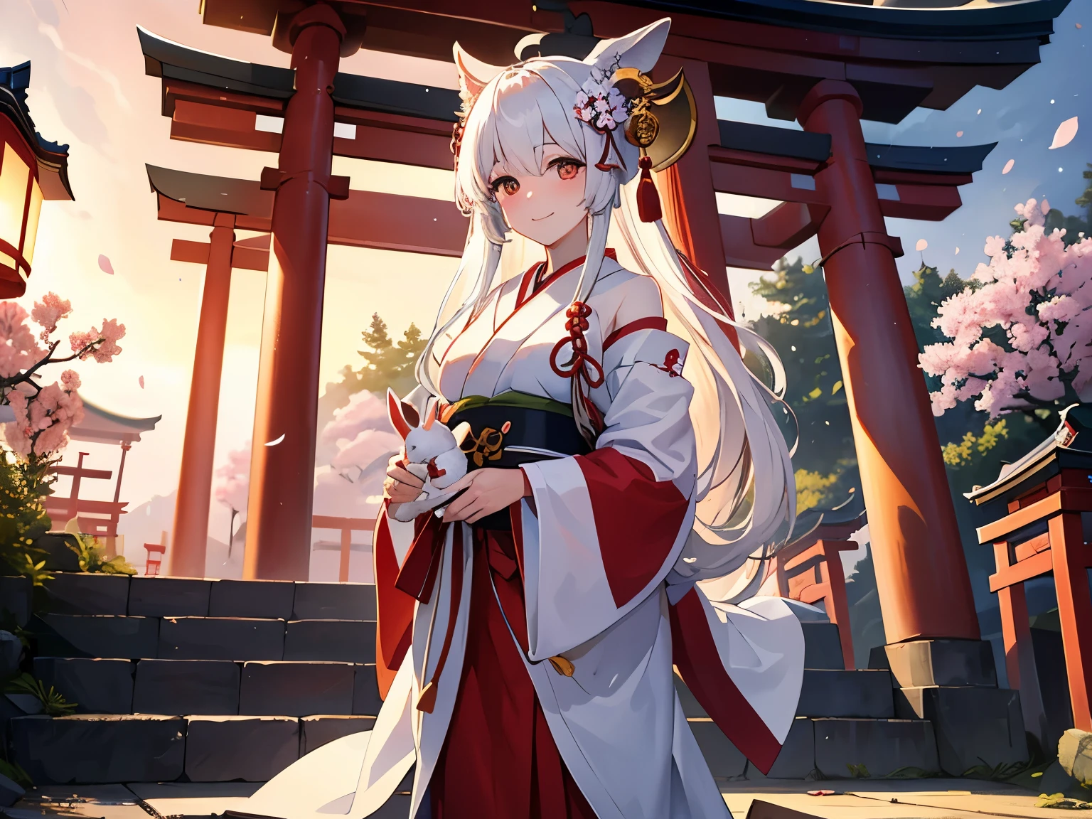 "Masterpiece of the highest quality, portrait of a beautiful Japanese shrine maiden holding a pure white rabbit, smiling and looking towards the viewer with a torii gate of a shrine in the background. The photograph captures a shallow depth of field and perfect lighting, showcasing a clear, sparkling atmosphere, surrounded by seasonal flowers. The image highlights the shrine maiden's flawless face, embodying the essence of a Japanese shrine maiden."