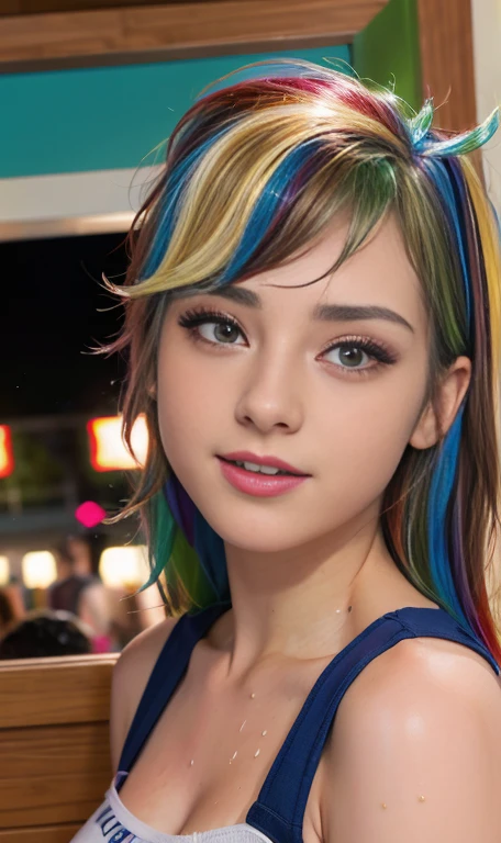 Photo oF a 17 year-old American girl, .CRUDO, beautiFul woman,  cabello de colores  , cabello color arcoiris , pelo arcoiris ((retrato)), ((Cara detallada:1.2)), ((Detailed Facial Features)), (Piel Finamente detallada), pale skin , pecas en mejillas , ojos color rosa, 、un sexy(color fresco), wet, wet, ReFlectoreasutepiece) (proporciones perFectaotos realistas)(La mejor calidad) (Detallado) FotograFiado con una EOS R5 de Canon, lente de 50 mm, F/2.8, NFFSW, (8K) (papel tapiz) (cinematic lighting) (dramatic lighting) (sharp Focus) (Enrevesado) senos grandes , pechos grandes , pecas en mejillas , cuerpo completo , hermoso cuerpo de adolesente , posando sexy  , posando de Frente para la camara ,lindo maquillaje , gran sonrisa , labios rojos. Mlp  , Rainbow Dash , outfit gamer , poca ropa , ropa interior , pose sexy