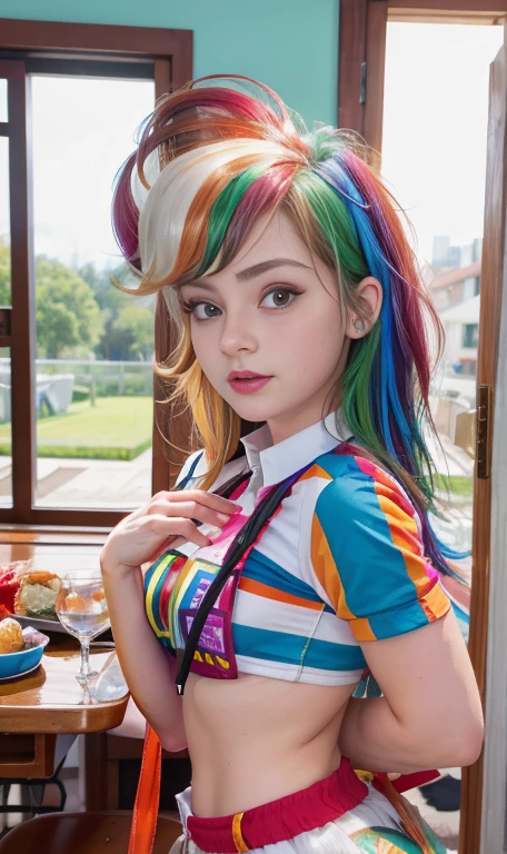 Photo oF a -old Amean girl, .CRUDO, beautiFul woman, cabello de colores , cabello color arcoiris , pelo arcoiris ((retrato)), ((Cara detallada:1.2)), ((Detailed Facial Features)), (Piel Finamente detallada), pale skin , pecas en mejillas , ojos color rosa, 、un sexy(color fresco), wet, wet, ReFlectoreasutepiece) (proporciones perFectaotos realistas)(La mejor calidad) (Detallado) FotograFiado con una EOS R5 de Canon, lente de 50 mm, F/2.8, NFFSW, (8K) (papel tapiz) (cinematic lighting) (dramatic lighting) (sharp Focus) (Enrevesado) senos grandes , pechos grandes , pecas en mejillas , cuerpo completo , hermoso cuerpo de adolesente , posando sexy , posando de Frente para la camara ,lindo maquillaje , gran sonrisa , labios rojos. Mlp , Rainbow Dash , outfit gamer , poca ropa , ropa interior , pose sexy