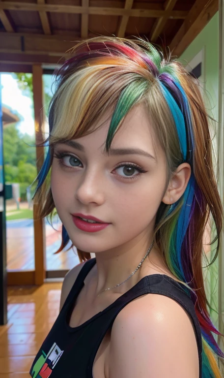 Photo oF a 17 year-old American girl, .CRUDO, beautiFul woman,  cabello de colores  , cabello color arcoiris , pelo arcoiris ((retrato)), ((Cara detallada:1.2)), ((Detailed Facial Features)), (Piel Finamente detallada), pale skin , pecas en mejillas , ojos color rosa, 、un sexy(color fresco), wet, wet, ReFlectoreasutepiece) (proporciones perFectaotos realistas)(La mejor calidad) (Detallado) FotograFiado con una EOS R5 de Canon, lente de 50 mm, F/2.8, NFFSW, (8K) (papel tapiz) (cinematic lighting) (dramatic lighting) (sharp Focus) (Enrevesado) senos grandes , pechos grandes , pecas en mejillas , cuerpo completo , hermoso cuerpo de adolesente , posando sexy  , posando de Frente para la camara ,lindo maquillaje , gran sonrisa , labios rojos. Mlp  , Rainbow Dash , outfit gamer , poca ropa , ropa interior , pose sexy