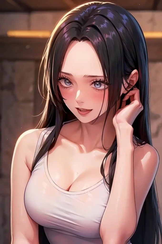 best quality, masterpiece, highly detailed,1girl, Boa Hancock, , (masterpiece:1.5), Detailed Photo, Smiling, Sexy, (8K, Best Quality: 1.4), (1girl), Beautiful Face, (anime realistic Face), (Black Hair, long Hair: 1.3), Beautiful Hairstyle, Realistic eyes, beautiful detail eyes, (white skin), beautiful skin, absurd, attractive, ultra high resolution, ultra realistic, high definition, golden ratio, (sexually aroused:1.5), Pinkish white skin, cool white light, sexy pose, Beautiful , white background, pink soft white light, Wear a white tank top