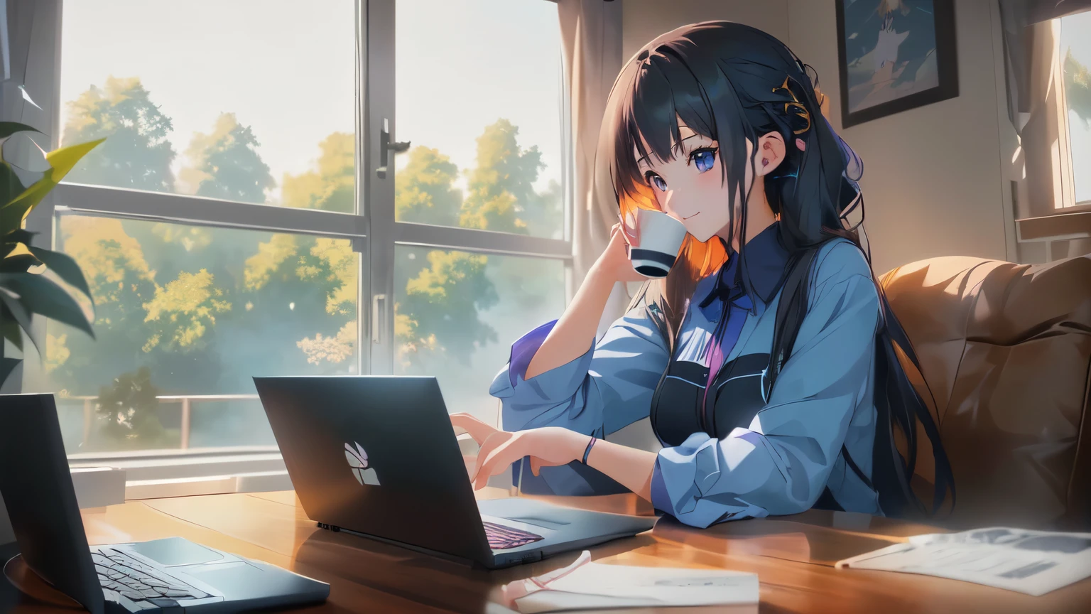 Anime girl sitting at a desk with a laptop and a cup of coffee, Anime Style 4 k, Digital anime illustration, Gweiz-style artwork, Artjam and Athi Gairan, Anime Moe Art Style, Digital anime art, Anime Style. 8k, 4k anime wallpaper, anime art wallpaper 8k, Atei Gailan 8K