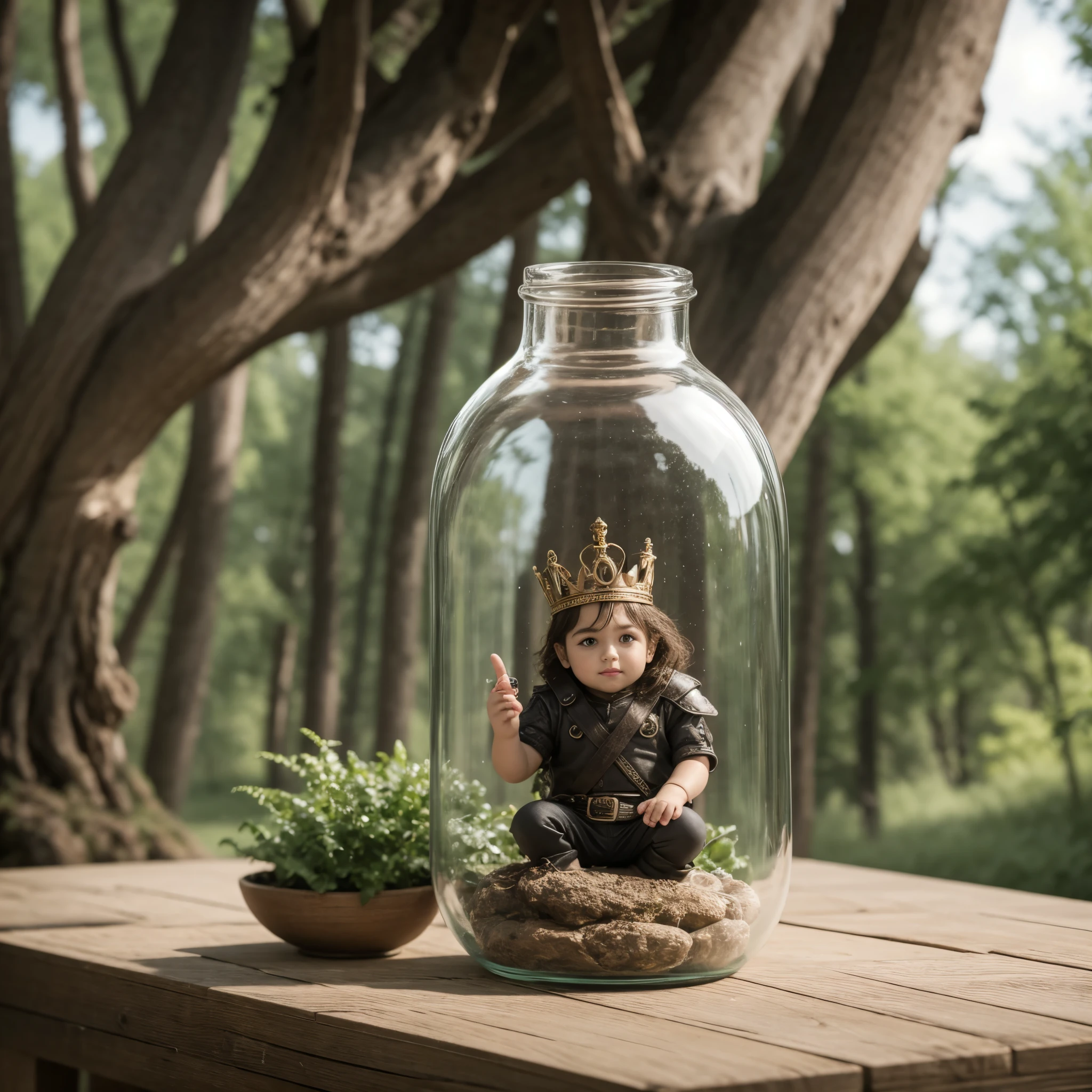 [[(a detailed miniking trapped in a jar, king sitting on a throne), atmospheric oliva lighting, on the table, 4k UHD, dark vibes, hyper detailed, vibrant colours forest background, epic composition, octane render, sharp focus, high resolution isometric, (film grain:1.3), The light is sparkling, high quality photography, 3 point lighting, flash with softbox, 4k, Canon EOS R3, hdr, smooth, sharp focus, high resolution, award winning photo, 80mm, f2.8, bokeh, (a king trapped in a jar), solo man]]