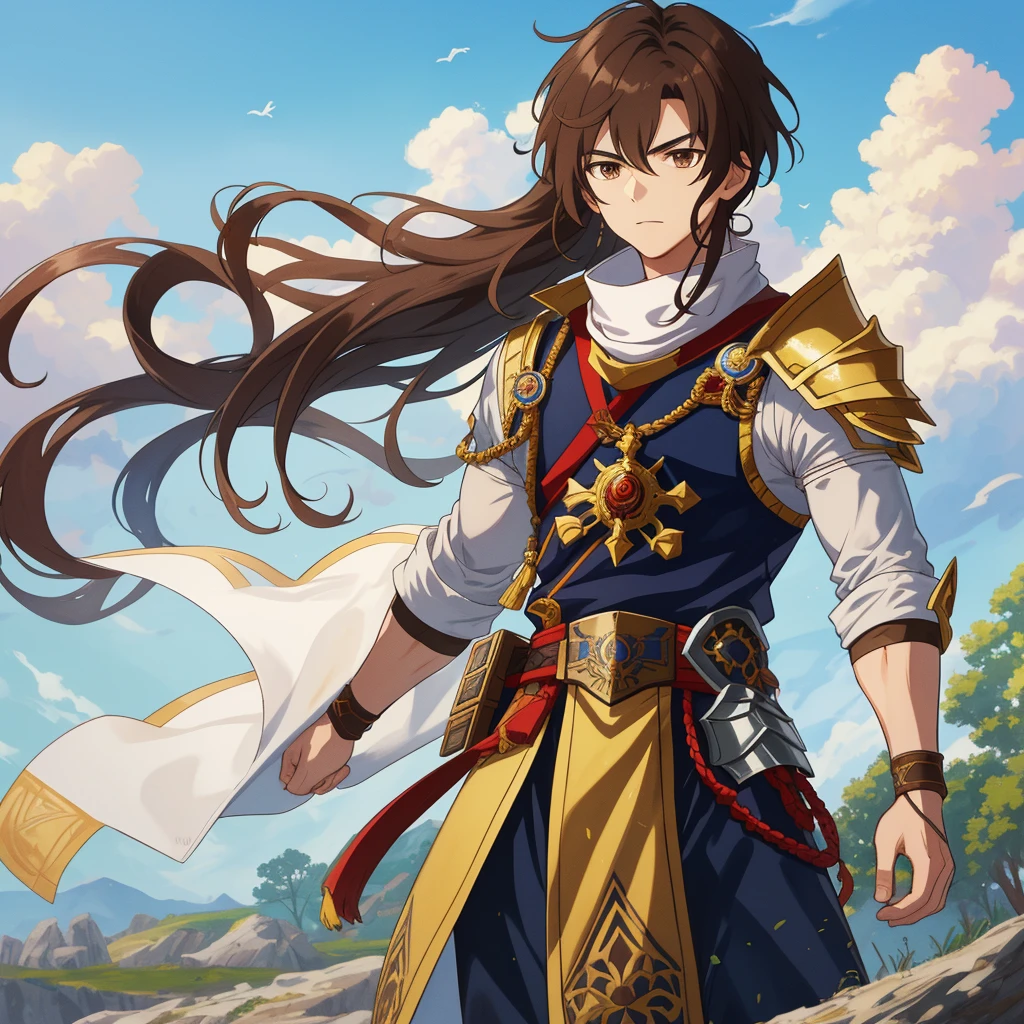 An exquisitely drawn anime boy, radiating the aura of a brave warrior, stood before me, his fire-resistant attire representative of his role as a hunter and prince. His lightly dressed upper body, adorned with intricate armor, revealed his muscular form. His deep-set brown eyes, filled with determination, gazed intently at me, his unkempt brown hair swaying gently in the wind. The background was a vibrant, warm landscape with a brilliant blue sky adorned with a variety of majestic clouds. The highest quality illustration captured every minute detail, from the subtle texture of his armor to the lifelike rendering of his intense expression.