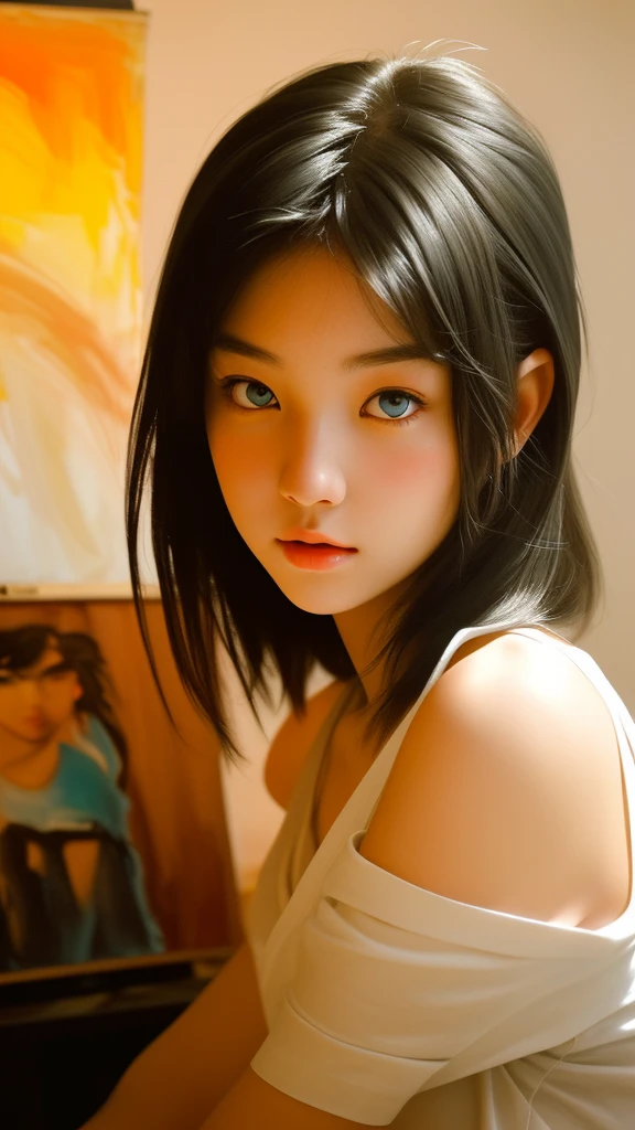 Generates an image of an attractive young girl with clear eyes and white Asian skin. (Portraiture, Realistic Style, hostel, Soft lighting, high quality, Minimal noise, Warm colors, Impressionist brushstrokes, Art Station's influence, Modern Fashion, Wide-angle lens)