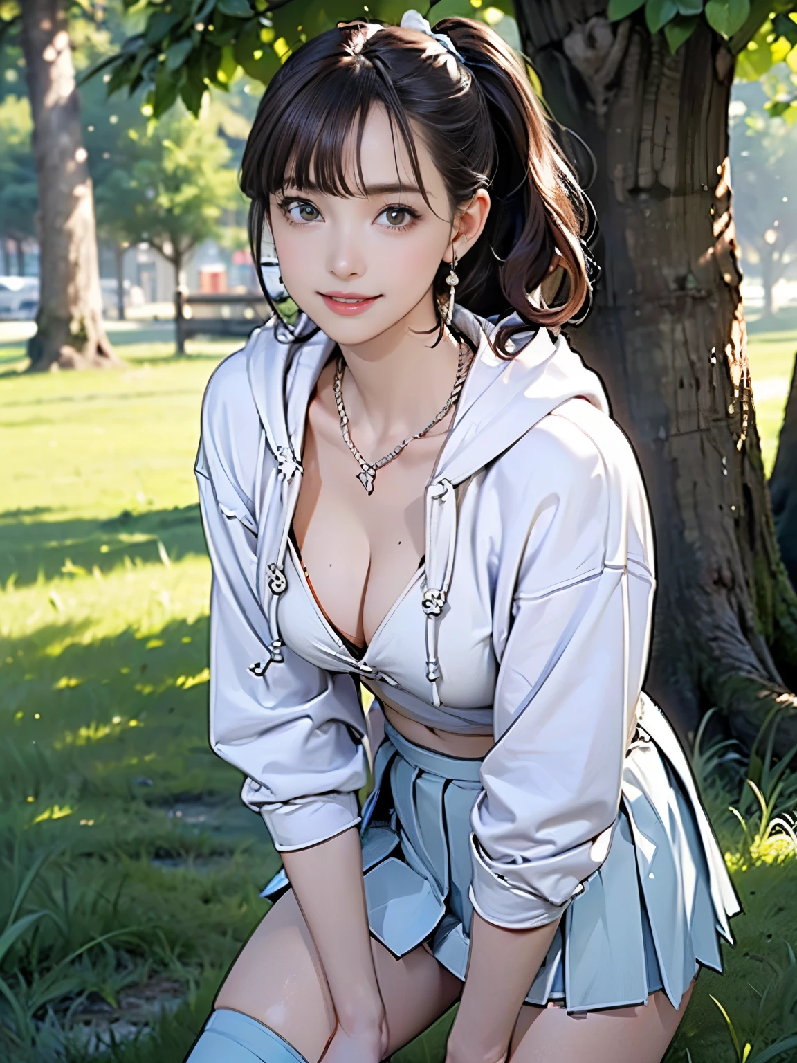 ((((highest quality))))、(((Ultra-precision CG16K wallpaper)))、(((masterpiece)))、(((Super detailed)))、(((Extreme detail)))、((１Mature 29 year old woman:1.6))、((Very beautiful Japanese faces))、((Yua Mikami:1.5))、((Soft wavy ponytail hair、blunt bangs:1.5))、(Shiny brown hair)、Beautiful brown eyes、Clearly defined pupils、eyeliner、eye shadow、High nose、Small nostrils、Small Mouth、Seductive lips、Beautiful breasts、((C cup size breasts))、Cleavage、Voluptuous body、eight-headed body、Perfect proportions、Perfect Anatomy、Perfect composition、Beautiful detailed shading、Beautiful, natural lighting、Beautiful detail glow、Depth of written boundary、(((High chroma)))、(((Real:1.9)))、((vivid:1.5))、((Beautiful Skin))、((Skin Texture))、((Realな皮膚感))、(((Cowboy Shot:1.6)))、((Front view、shoot from front、Front low angle:1.6))、(((smile:1.5)))、((The woman is looking at this、looking at viewer、Facing forward:1.6))、Bright daylight、Natural light、(((Grass Square、Trees:1.5)))、(Fashion model pose:1.6)、(((White hoodie、Light blue pleated mini skirt:1.6)))、((Earrings、Wearing a necklace:1.3))、(((Knee socks clothing:1.3)))、