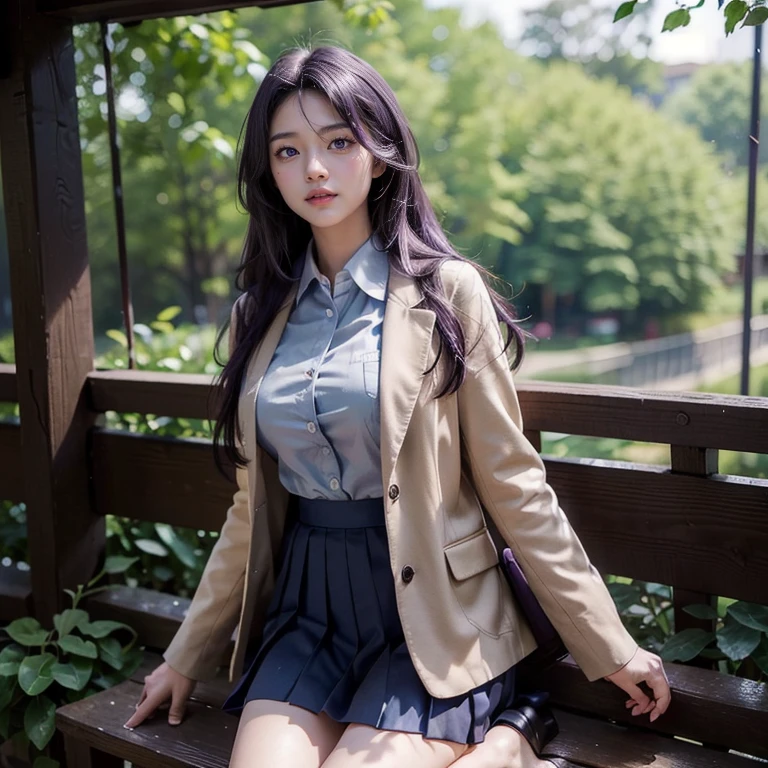 (1 lady), (Best quality at best:1.4), (ultra - detailed), (extremely detailed CG unified 16k), A Beautiful Woman with Perfect Figure: 1.4, Sharp Focus: 1.2, very detailed, High-definition RAW color photo, professional photoshooting, amazing face and eyes, cosmetics, (amazingly beautiful girl), ((kotomi)), ((scho0l uniform, blue pleated skirt, hikarizaka shirt, veige coat)), standing, sexyposture,outside high scho0l, tree, nature, (look from down), realistic cinematic face, head to feet long wide zoomed out view, full body long view, photorealistic, ((realistic natural purple hair style, purple eyes)), gorgeous, extremely beautiful face, perfect model beauty, pout mouth, Highly Detailed Face and Skin Texture, Detailed Eyes, Double Eyelids, Medium Breasts, Smile, flirting smile, laughing hard, cleavages, western, (masterpiece), best quality, high resolution, extremely detailed, blurred background, depth of field, cinematic lighting, amazing legs, high heels, clear and well-cared skin,