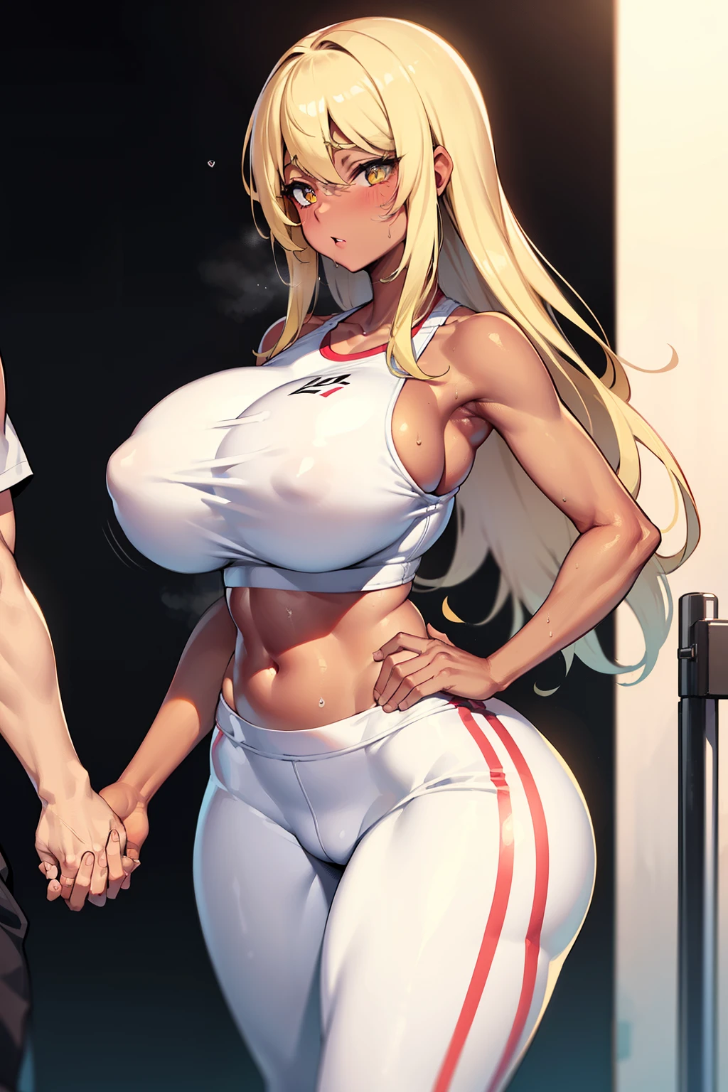 gym, workout, hot, sweating, sweaty, white clothes , white yogapants, tan, big , tan skin, Best quality, massive breasts, massive ass, very curvy, dark brown skin, long blond hair, yellow eyes, slutty, gyaru, full lips, seductive, blushing, embedded,gym, white clothes, yoga pants, gym, massive breasts, wide hips, darkskin, tan, white clothes , coach helpinh her up, coach reaching out hand,curvy woman, reaching out hand, grabbing hand, holding hands, in pain, curvy woman, holding hands , white clothing, white yogapants, sfw, white pants, white clothes, white yogapants, holding hands, hand holding , blonde, blonde hair, brown skin, blonde , gym reaching out hand, grabbing hand, holding hands,