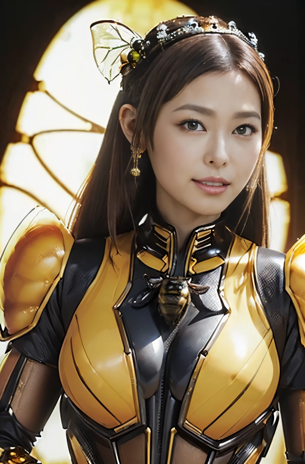 (high resolution,masterpiece,best quality,extremely detailed CG, anime, official art:1.4), realistic, photo, amazing fine details, all intricate, gloss and shiny,awesome many layers, 8k wall paper, 3d, sketch, kawaii, illustration,( solo:1.4), perfect female proportion,villainess, (fusion of queen bee and lady:1.4), (queen bee form lady:1.2), (queen bee lady:1.2), (fusion:1.2), (solo:1.4), (evil smile:1.2), muscular, abs, (queen bee exoskeleton bio insect suit:1.4), (queen bee exoskeleton bio insect armor:1.2), (brown transparency queen bee wing:1.4), (brown queen bee antennae:1.3),