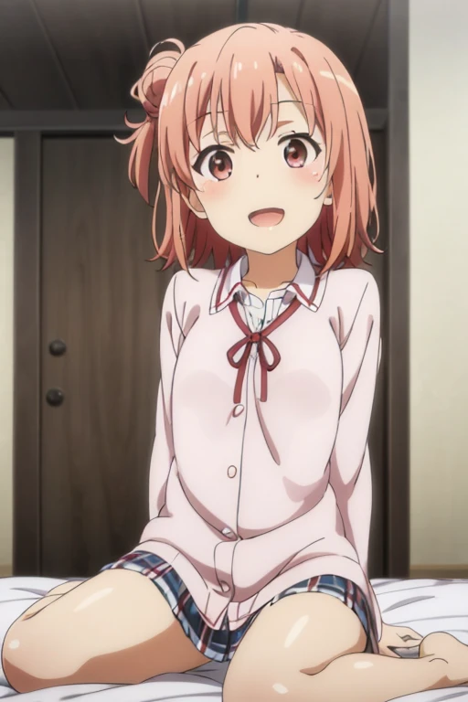 ((highest quality)), ((masterpiece)), (be familiar with), Perfect Face, indoor, Bedroom, Watching the audience,
One woman, Yuigahama Yui,
Open Mouth, Ecstatic expression, blush, smile,
Small breasts, Flat Chest, Young Girl, , , Girl,
Short Hair, Salmon-colored hair, Salmon-colored eyes, Side Pony,
Leg spread,