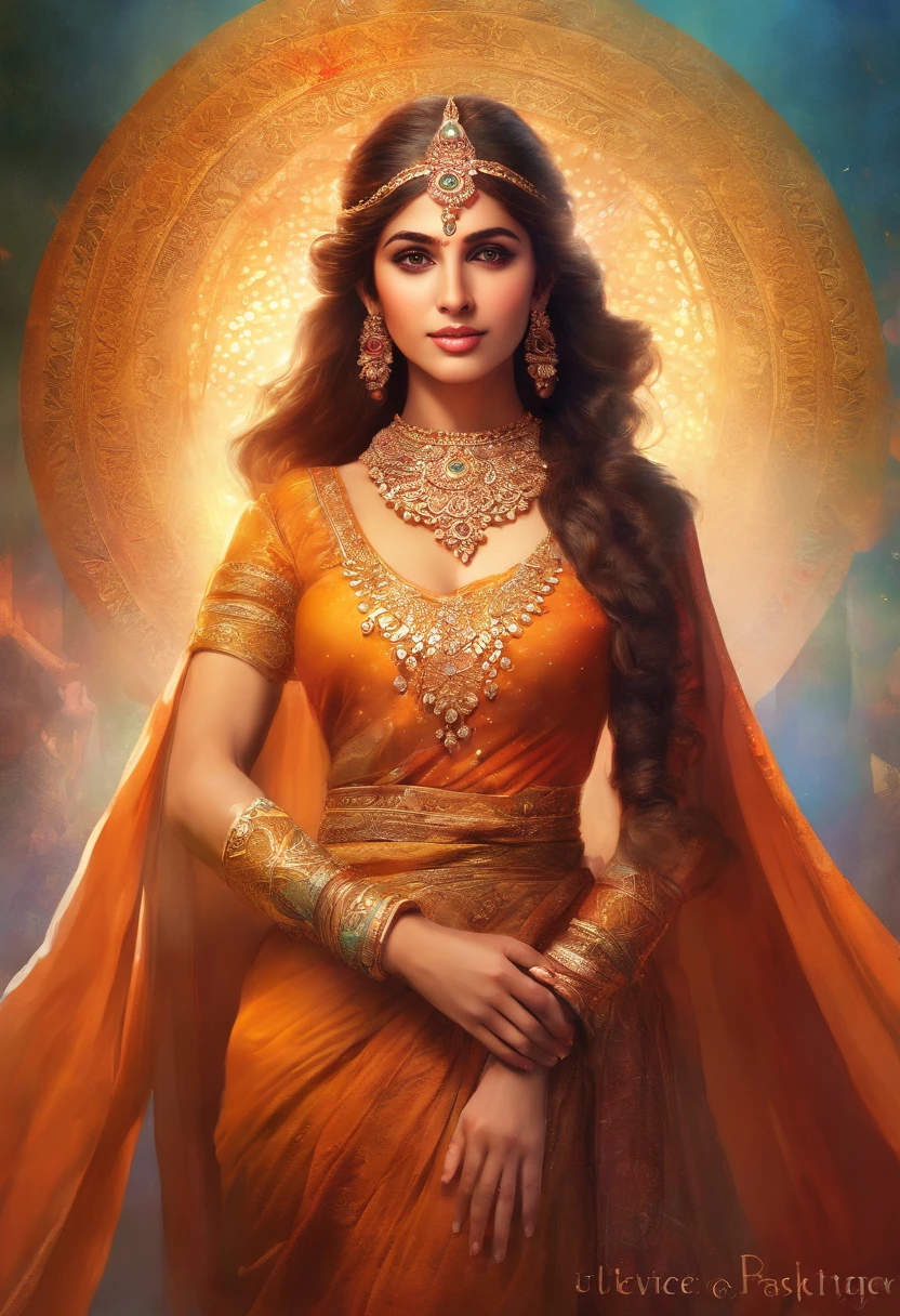 (best quality,highres,masterpiece:1.2),beautiful young Indian actress,extremely detailed eyes and face,expressive eyes,long eyelashes,full lips,graceful posture,colorful traditional Indian attire,shimmering gold jewelry,vibrant background,soft lighting,portrait style,color grading with warm tones and rich contrast,studio photography