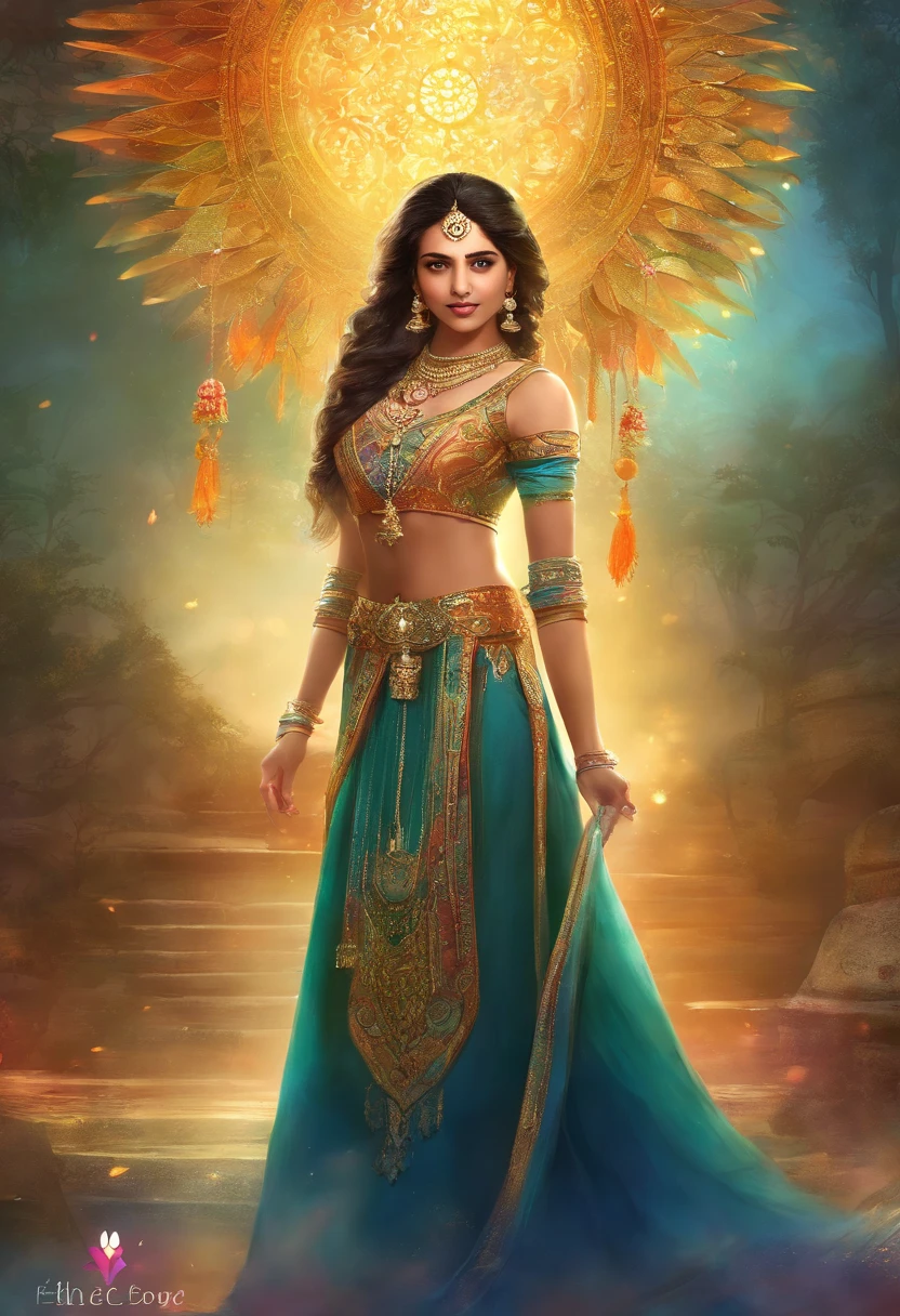 (best quality,highres,masterpiece:1.2),beautiful young Indian actress,extremely detailed eyes and face,expressive eyes,long eyelashes,full lips,graceful posture,colorful traditional Indian attire,shimmering gold jewelry,vibrant background,soft lighting,portrait style,color grading with warm tones and rich contrast,studio photography