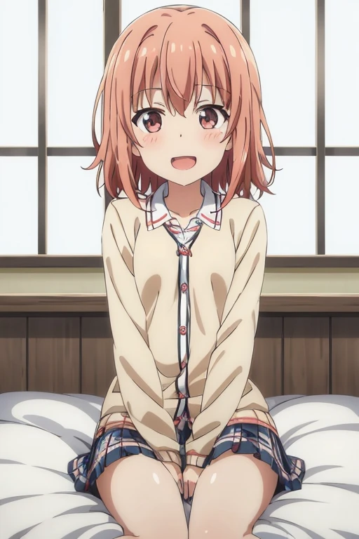 ((highest quality)), ((masterpiece)), (be familiar with), Perfect Face, indoor, Bedroom, Watching the audience,
One woman, Yuigahama Yui,
Open Mouth, Ecstatic expression, blush, smile,
Small breasts, Flat Chest, Young Girl, , , Girl,
Short Hair, Salmon-colored hair, Salmon-colored eyes, Side Pony,
Leg spread,
