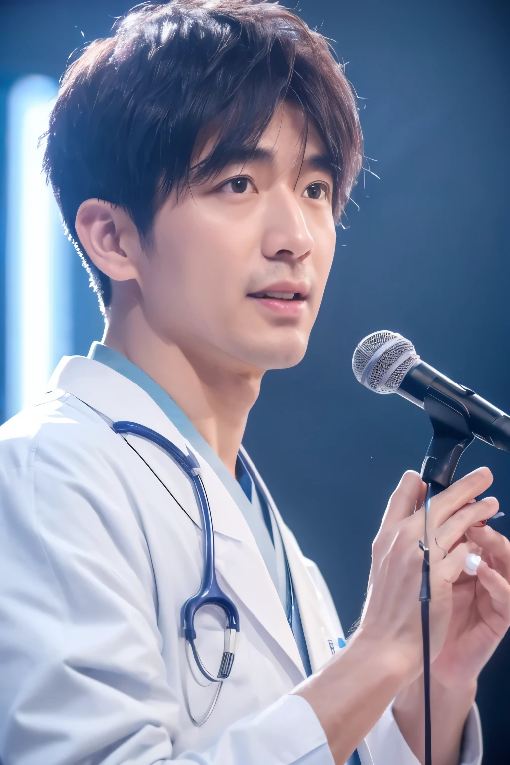 ((highest quality, 8K, masterpiece: 1.3)),Japanese male doctor、holding a microphone