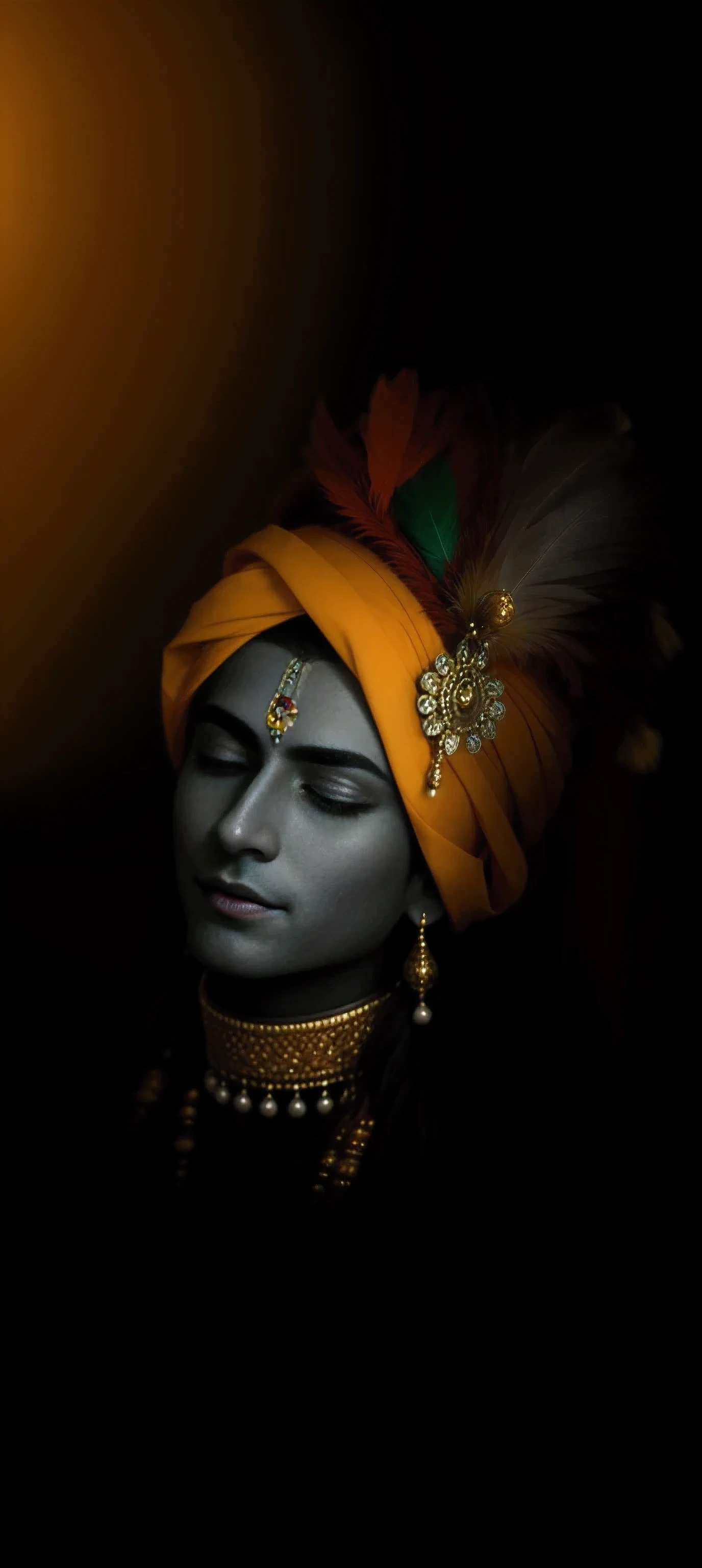 Close-up of a man with a feather on his head, Hindu god, An attractive male deity, color photograph portrait 4k, shy expression, dressed in intricate, an exhausted deity, serene expression, Regal and formidable appearance, His head is covered with jewels, a stunning portrait of a goddess, peaceful expression, portrait of a beautiful goddess, close up portrait shot, Stylish deity