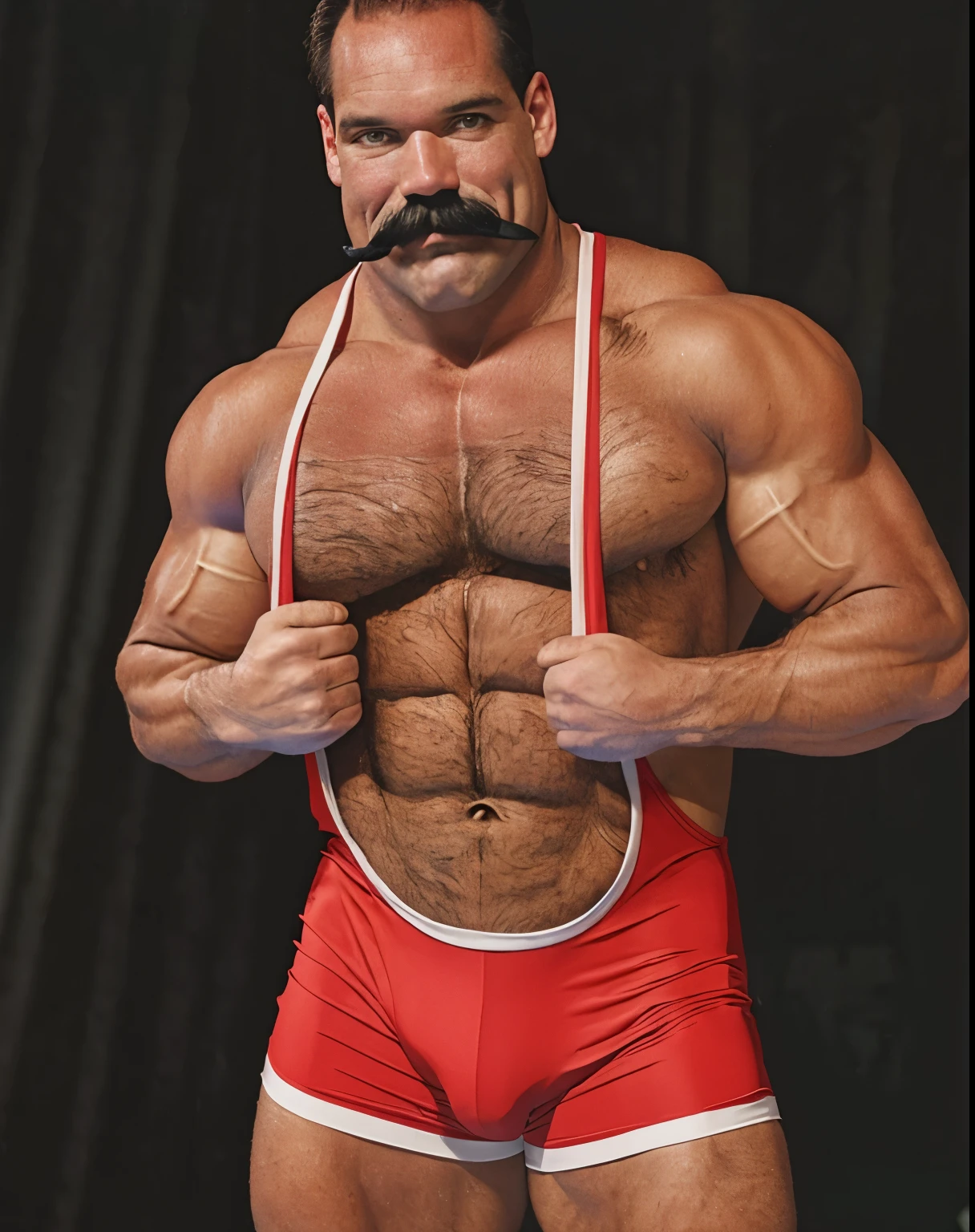 big old muscleman wearing a wrestling singlet in a wrestling ring, nice bulge, mustache