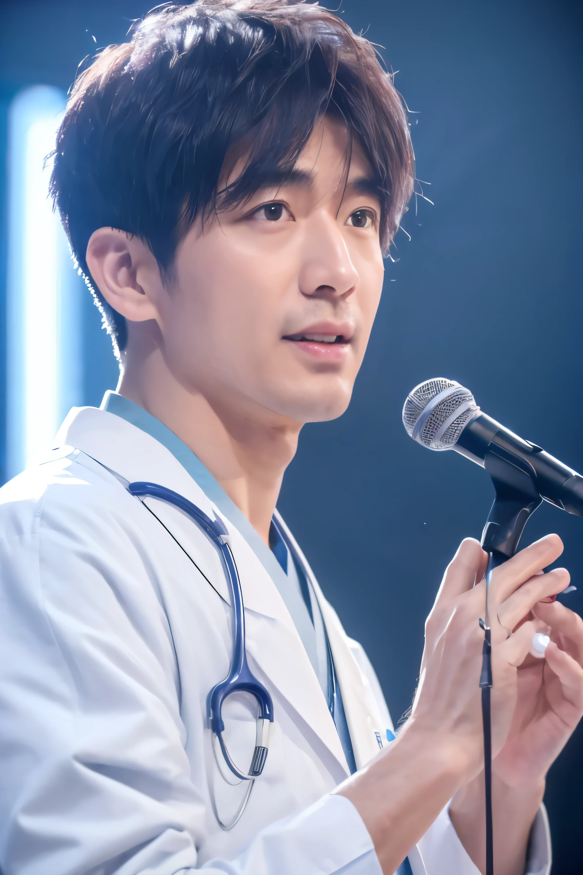 ((highest quality, 8K, masterpiece: 1.3)),Japanese male doctor、holding a microphone