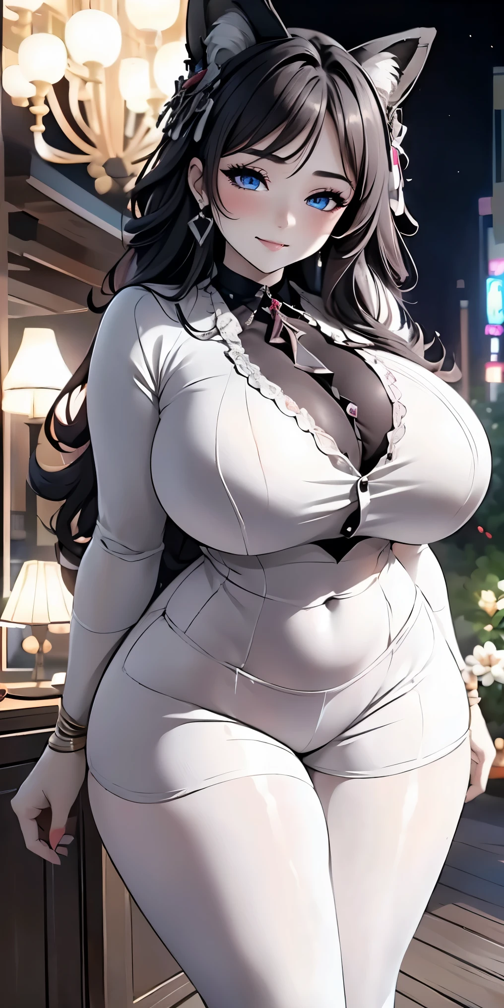 beautiful, breathtaking mature fox-woman, large, sagging breasts, light black hair with white streaks, earrings, (short shorts, superiority, naughty, thick thighs, with a sexy neckline: 1.1), (micro shorts: 1.1), ((masterpiece, best quality; 1.3)), ultra detailed, 8k unity wallpapers, CG, ray tracing, illustration, colorful, cinematic shadow, extremely detailed and beautiful background, vhd, VRay Shading, RT)), (slutty face: 1.2), mischievous smile, (large saggy breasts), wide hips, big ass, flirting with the viewer, facing the viewer, facial blush, standing in front, cute sexy pose, cowboy shot, on home porch, night, bright, bright light, ultra detailed, scenic, atmospheric, bimbo, big lips, detailed face and eyes, tilt headshot, intimacy, medium shot, thigh height, from below, gyaru, hair clip, ((wearring white sheer pantyhose))