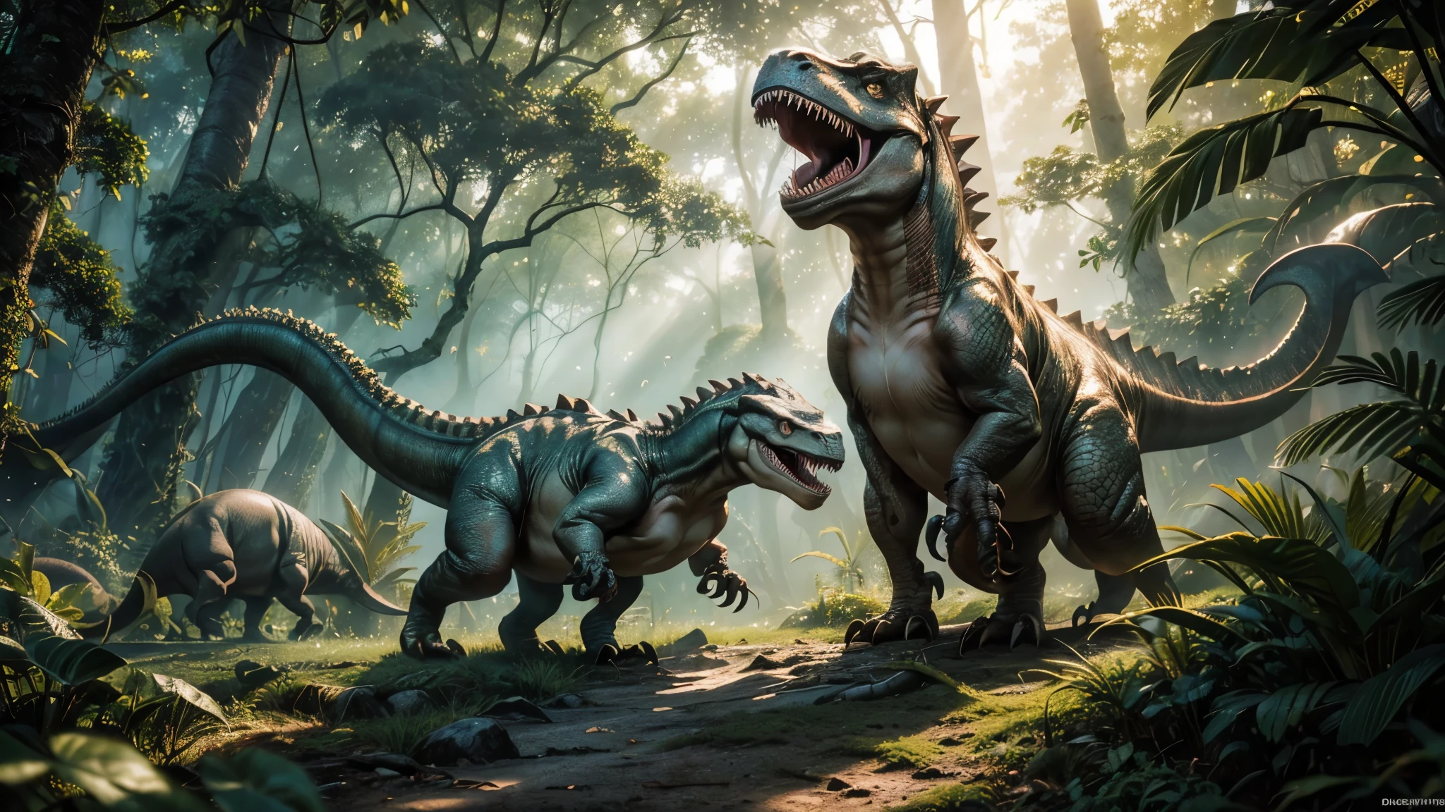 (Best picture quality)(Very detailed)(Best picture quality) CG scene rendering，Film texture，masterpiece，National Geographic Photography，((1 dinosaur)) Roaring and fighting in the dense jungle，Dynamic Background，Dawn light，Light shining through leaves (Very detailed的CG统一8k壁纸，masterpiece，Best quality:1.1，actual:1.3，Film Lighting:1.2，Ultra-realistic，actual照片:1.0，Sharp focus:1.1，Depth of Field:1.1,50mm