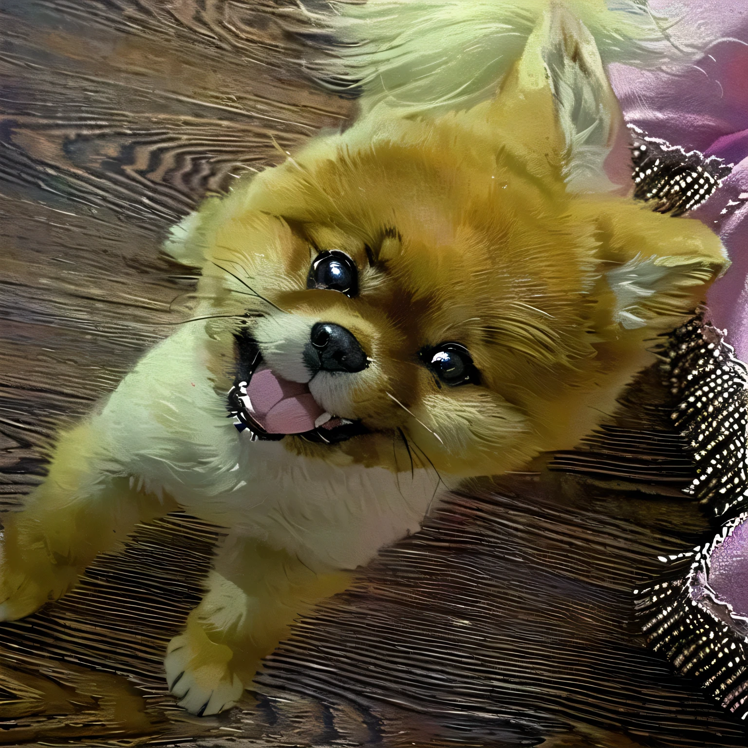 Hiromi dog standing on the floor mix, Hiromi dog, cute dog, Fluffy, Furry face, Cute silly face, she has a cute face, Smiling happily at the camera, Fluffy!!!, She has a cute expression, cute furry needs your help, Very detailed happy photo, Shot with Sony alpha 9