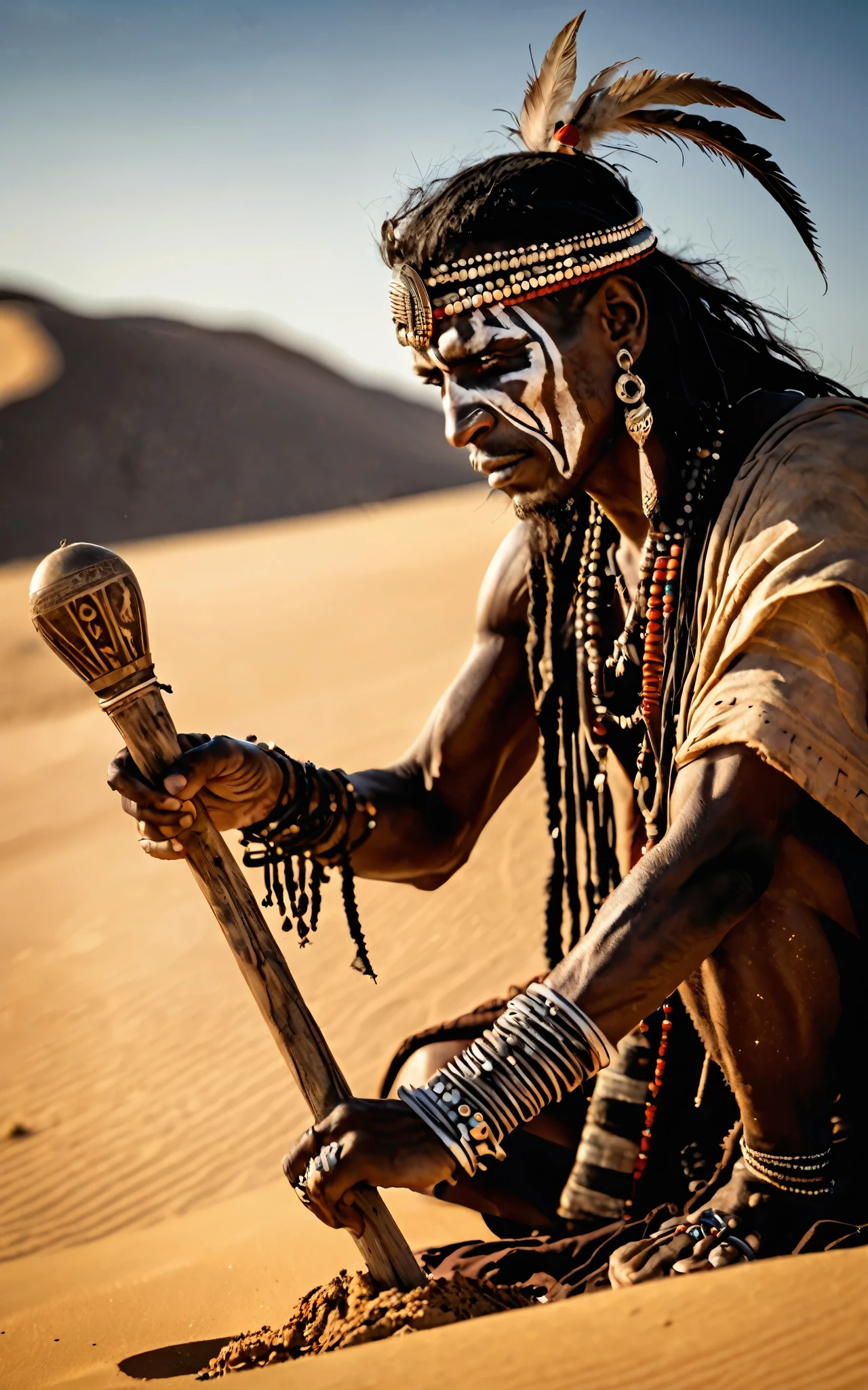 A sorcerer leaning towards the viewer, side angle lens photography,Tribal,desert,Voodoo rituals,Ultra HD details
