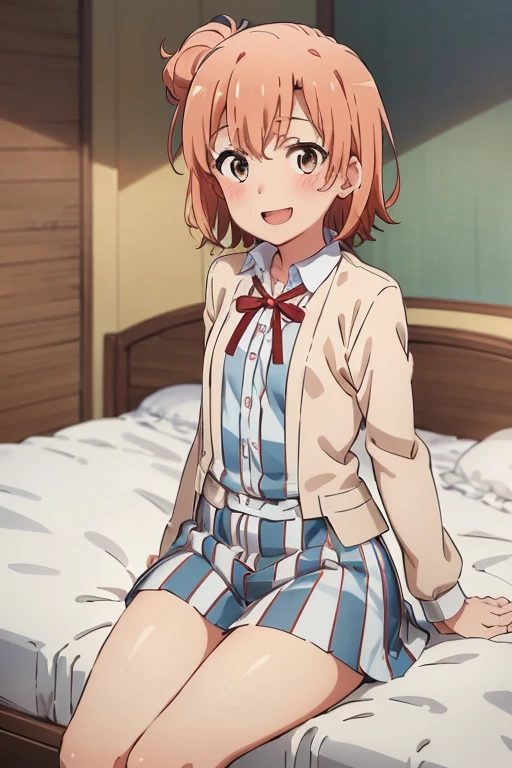 ((highest quality)), ((masterpiece)), (be familiar with), Perfect Face, indoor, Bedroom, Watching the audience,
One woman, Yuigahama Yui,
Open Mouth, Ecstatic expression, blush, smile,
Small breasts, Flat Chest, Young Girl, , , Girl,
Short Hair, Salmon-colored hair, Salmon-colored eyes, Side Pony,
Leg spread,