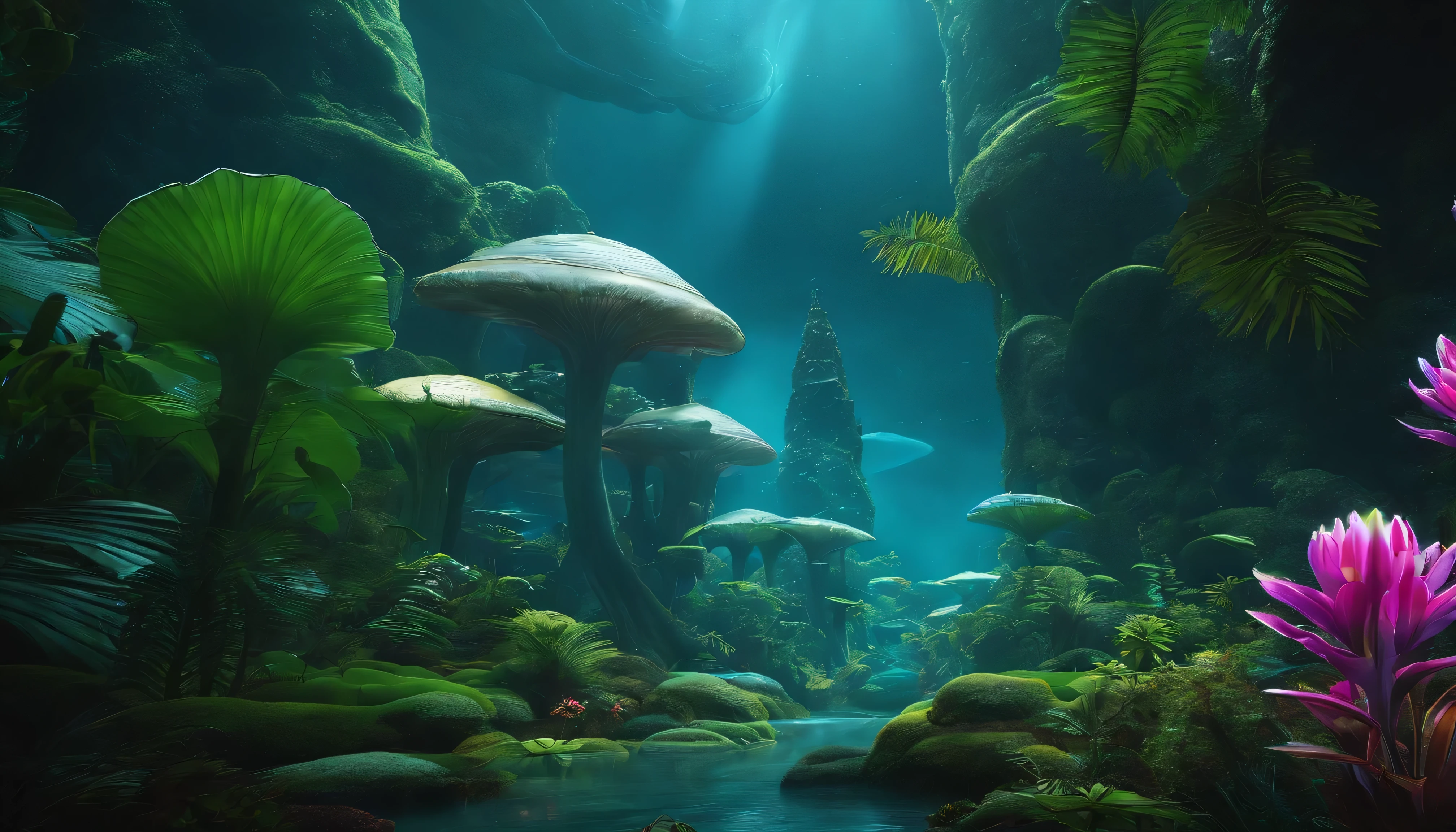 Create amazing photos, Future alien world, A dreamlike expanse of exotic plants and impressive creatures, A place where peaceful alien creatures live in harmony with lush environments and ancient, technological structures.