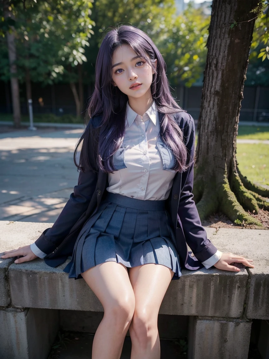 (1 lady), (Best quality at best:1.4), (ultra - detailed), (extremely detailed CG unified 16k), A Beautiful Woman with Perfect Figure: 1.4, Sharp Focus: 1.2, very detailed, High-definition RAW color photo, professional photoshooting, amazing face and eyes, cosmetics, (amazingly beautiful girl), ((kotomi)), ((scho0l uniform, blue pleated skirt, hikarizaka shirt, veige coat)), standing, sexyposture,outside high scho0l, tree, nature, (look from down), realistic cinematic face, head to feet long wide zoomed out view, full body long view, photorealistic, ((realistic natural purple hair style, purple eyes)), gorgeous, extremely beautiful face, perfect model beauty, pout mouth, Highly Detailed Face and Skin Texture, Detailed Eyes, Double Eyelids, Medium Breasts, Smile, flirting smile, laughing hard, cleavages, western, (masterpiece), best quality, high resolution, extremely detailed, blurred background, depth of field, cinematic lighting, amazing legs, high heels, clear and well-cared skin, hdr