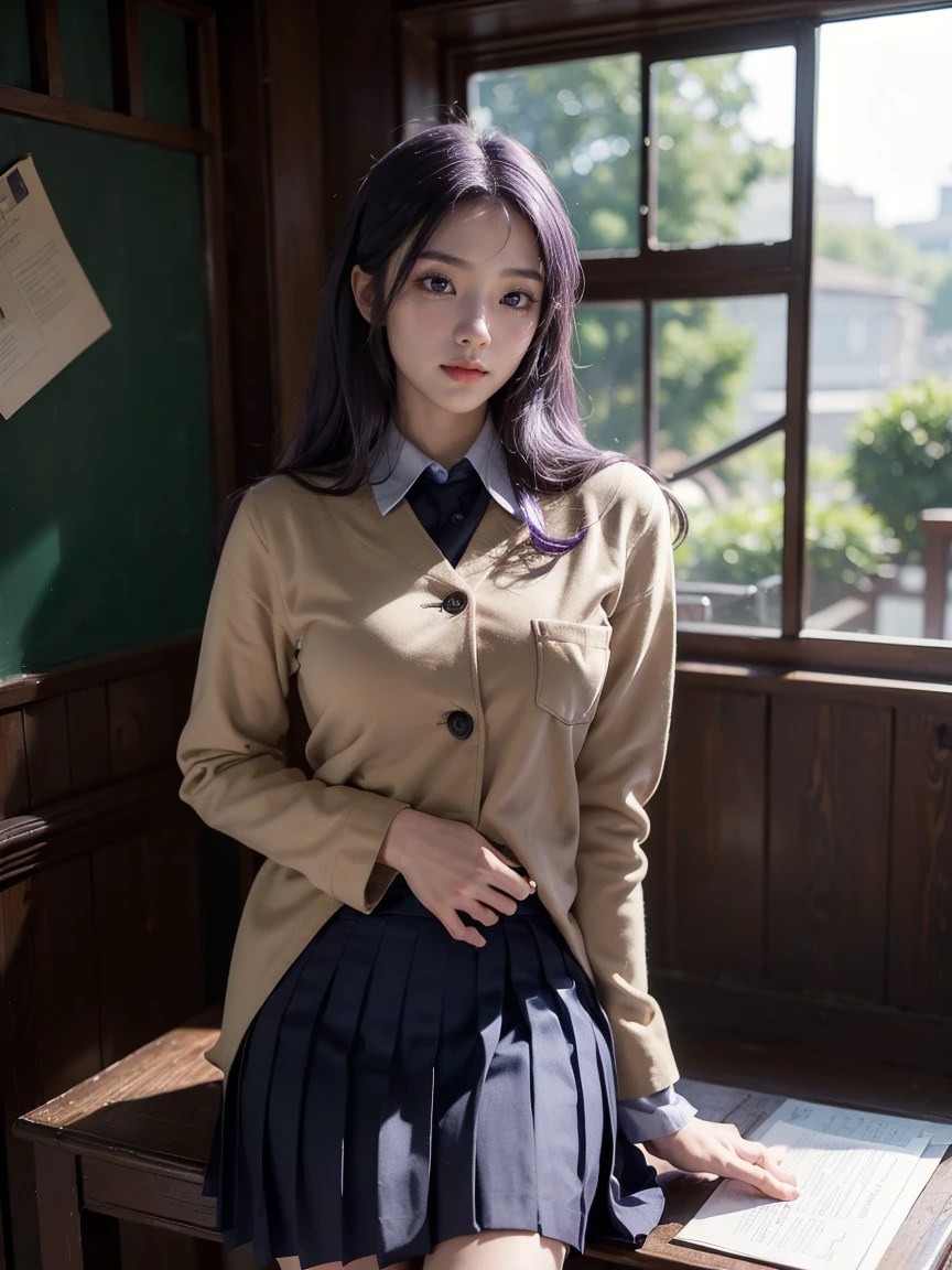 (1 lady), (Best quality at best:1.4), (ultra - detailed), (extremely detailed CG unified 16k), A Beautiful Woman with Perfect Figure: 1.4, Sharp Focus: 1.2, very detailed, High-definition RAW color photo, professional photoshooting, amazing face and eyes, cosmetics, (amazingly beautiful girl), ((kotomi)), ((scho0l uniform, blue pleated skirt, hikarizaka shirt, veige coat)), standing, sexyposture,outside high scho0l, tree, nature, (look from down), realistic cinematic face, head to feet long wide zoomed out view, full body long view, photorealistic, ((realistic natural purple hair style, purple eyes)), gorgeous, extremely beautiful face, perfect model beauty, pout mouth, Highly Detailed Face and Skin Texture, Detailed Eyes, Double Eyelids, Medium Breasts, Smile, flirting smile, laughing hard, cleavages, western, (masterpiece), best quality, high resolution, extremely detailed, blurred background, depth of field, cinematic lighting, amazing legs, high heels, clear and well-cared skin, hdr