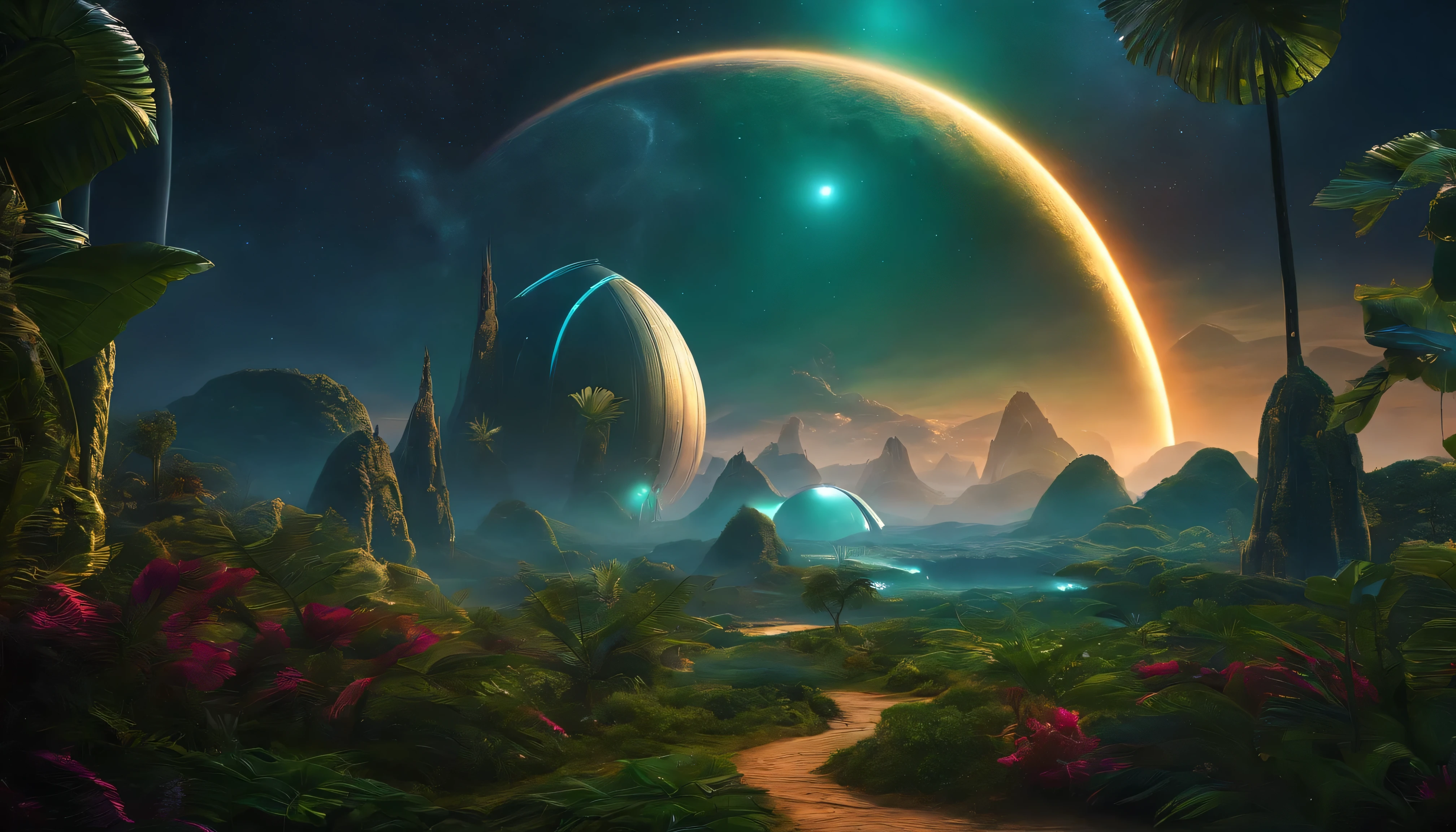 Create amazing photos, Future alien world, A dreamlike expanse of exotic plants and impressive landscapes, A place where peaceful alien creatures live in harmony with lush environments and ancient, technological structures. 