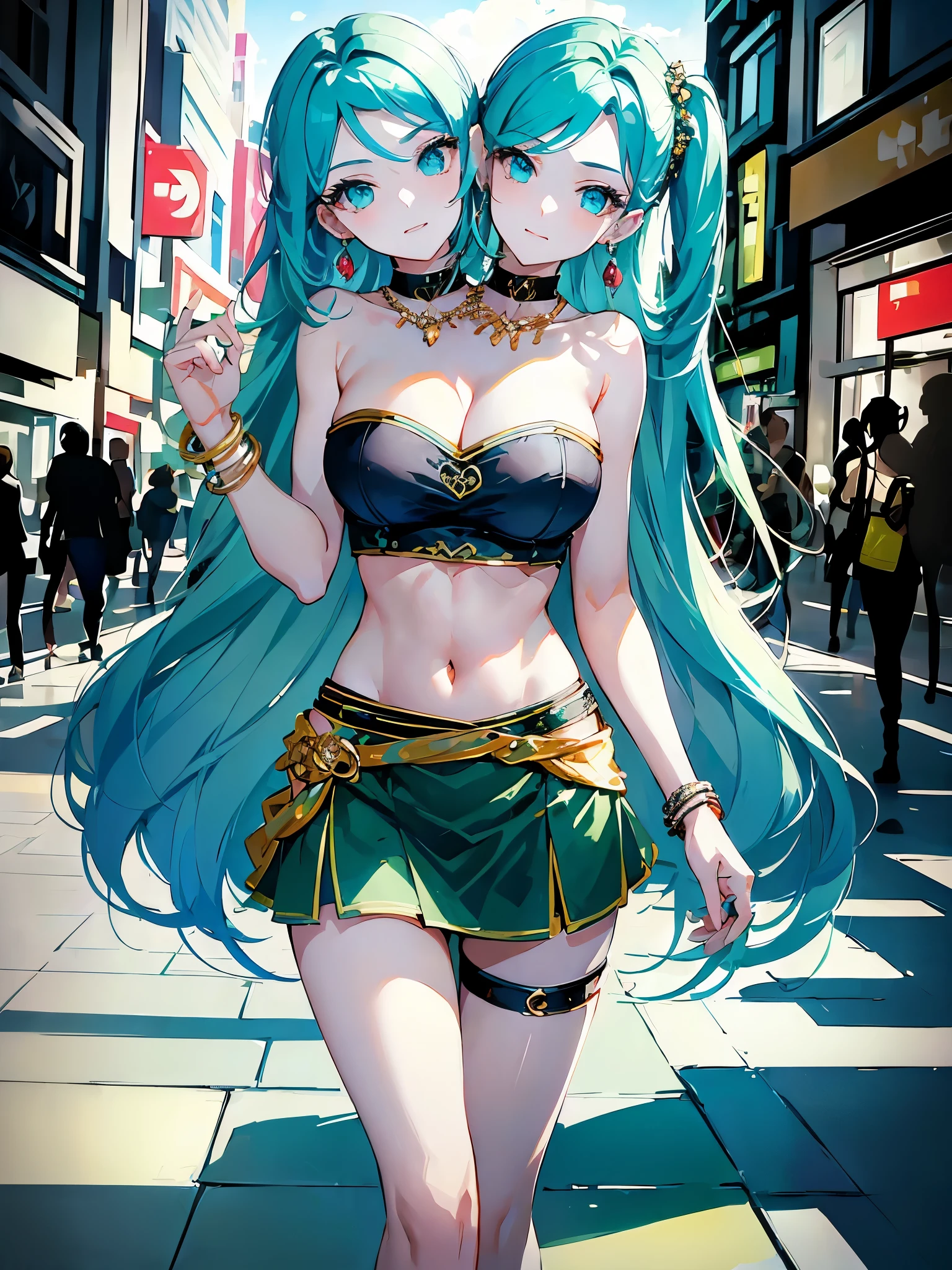 (masterpiece, best quality), best resolution, (3heads:1.5), woman, teal hair, stylish designer tube top, miniskirt, necklace and bracelets, she struts confidently through the vibrant streets of Metrocity, brilliant and eye-catching colors, urban fashion, huge tits,