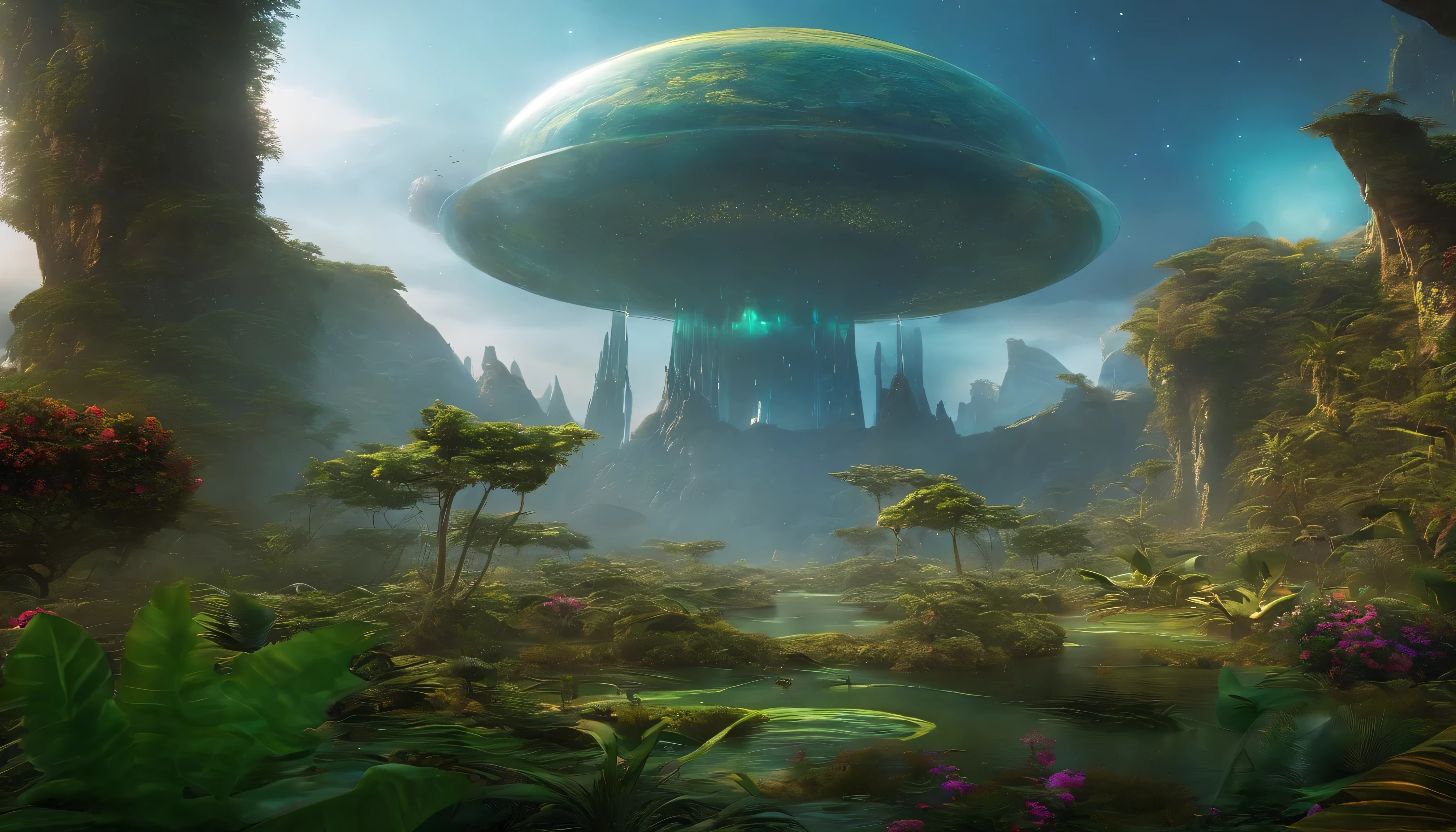 Create amazing photos, Future alien world, A dreamlike expanse of exotic plants and impressive landscapes, A place where peaceful alien creatures live in harmony with lush environments and ancient, technological structures.