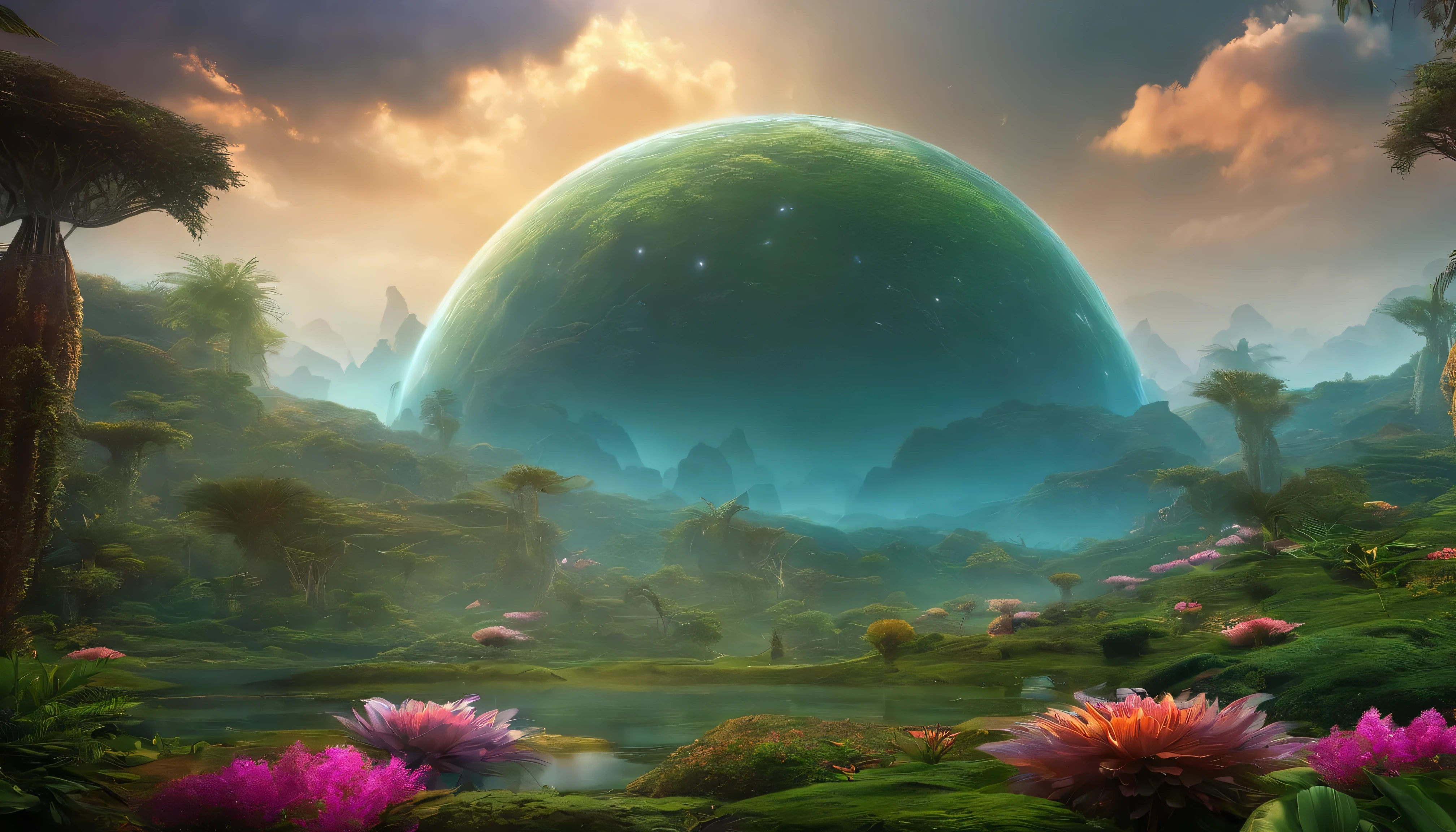 Create amazing photos, Future alien world, A dreamlike expanse of exotic plants and impressive landscapes, A place where peaceful alien creatures live in harmony with lush environments and ancient, technological structures.