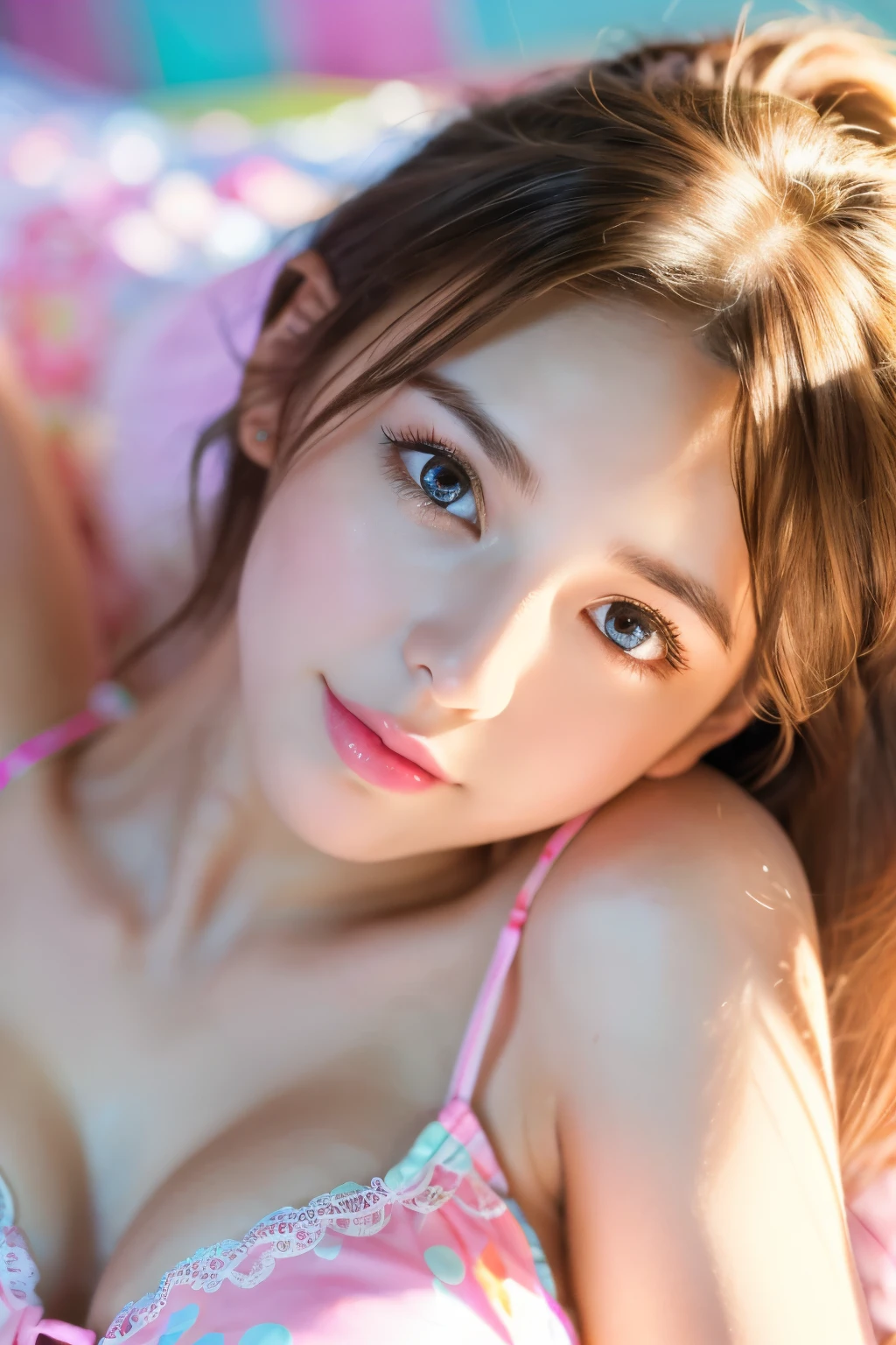 (a cute,pretty girl:1.1) lying in bed,bikinis,(extremely detailed eyes and face),(long eyelashes),relaxed pose,(soft lighting),(pastel colors),(photorealistic:1.37),(vivid colors),(highres:1.2),(bokeh:1.1)