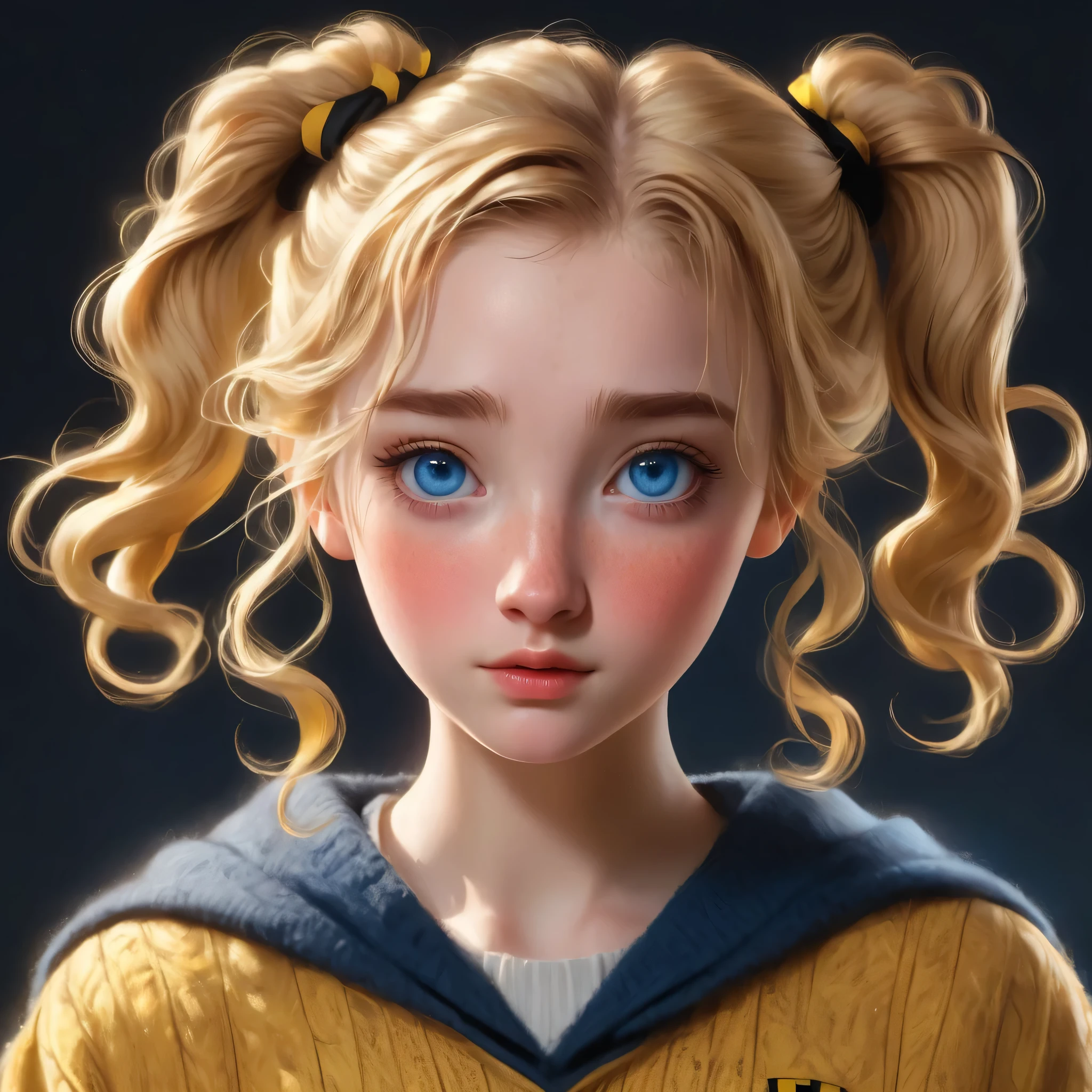 best quality, Masterpiece, Hogwarts students, Hufflepuff, (((pigtail)))golden blonde, serious, Very naughty, cute and bright, Freckles on the face, detailed blue eyes, detailed face, Fine skin, soft light, mysterious,Worth discovering., soft shadow, detailed texture, dynamic light.