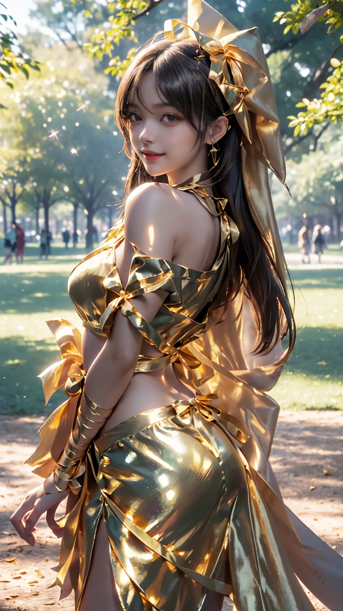 (ultra-realistic realism), (illustratio), (A high resolution), (8K), (The is very detailed), (Best Illustration), (Beautifully detailed eyes), (top-quality), (ultra - detailed), (tmasterpiece), (HD Color), 1 girl, ((24 years old girl)), ((glosy skin)), (A detailed face), solo, 1 girl in, looking at viewert, finedetail, A detailed face, in the darkness nigth, deep shading, low tune, pureerosfaceace_V1, A smile, ((golden shawl)) ,straight hair, 46-point diagonal bangs, (beautiful stomach, strips), (shining golden ribbon:1.5), (cropped shoulders), (in the park:1.5), lake, ((back posing)),