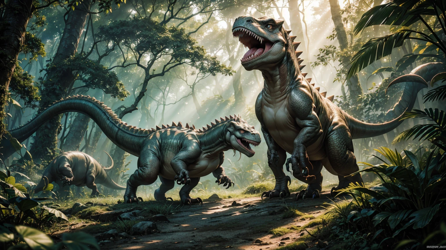 (Best picture quality)(Very detailed)(Best picture quality) CG scene rendering，Film texture，masterpiece，National Geographic Photography，((1 dinosaur)) Roaring and fighting in the dense jungle，Dynamic Background，Dawn light，Light shining through leaves (Very detailed的CG统一8k壁纸，masterpiece，Best quality:1.1，actual:1.3，Film Lighting:1.2，Ultra-realistic，actual照片:1.0，Sharp focus:1.1，Depth of Field:1.1,50mm