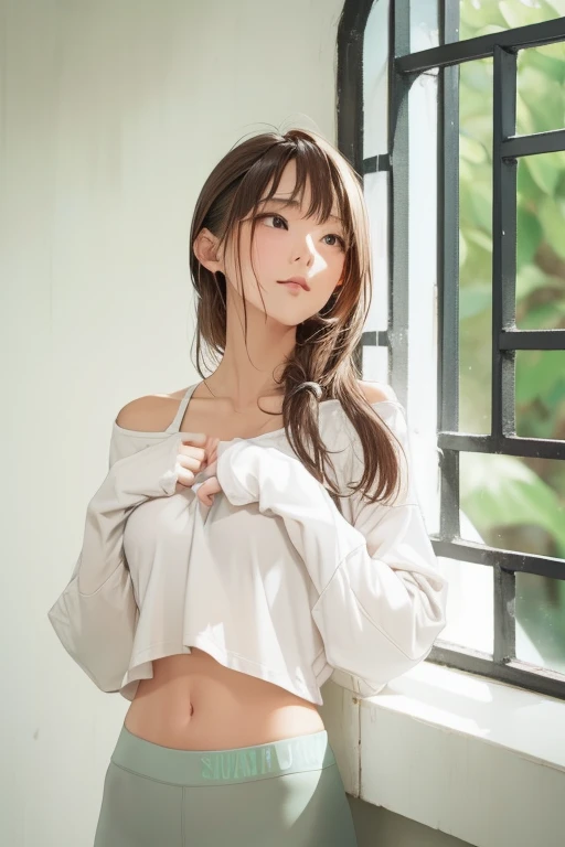 woman, Sweat, vapor, Medium Chest, shy, Beautiful Hands, Looking at the audience, Sexy look,